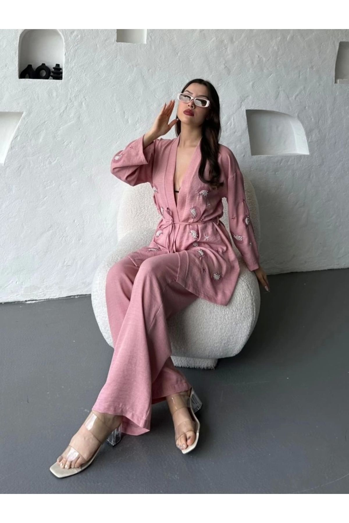 Butik Nakış İşlemeli Kimono & Pantolon İkili Takım