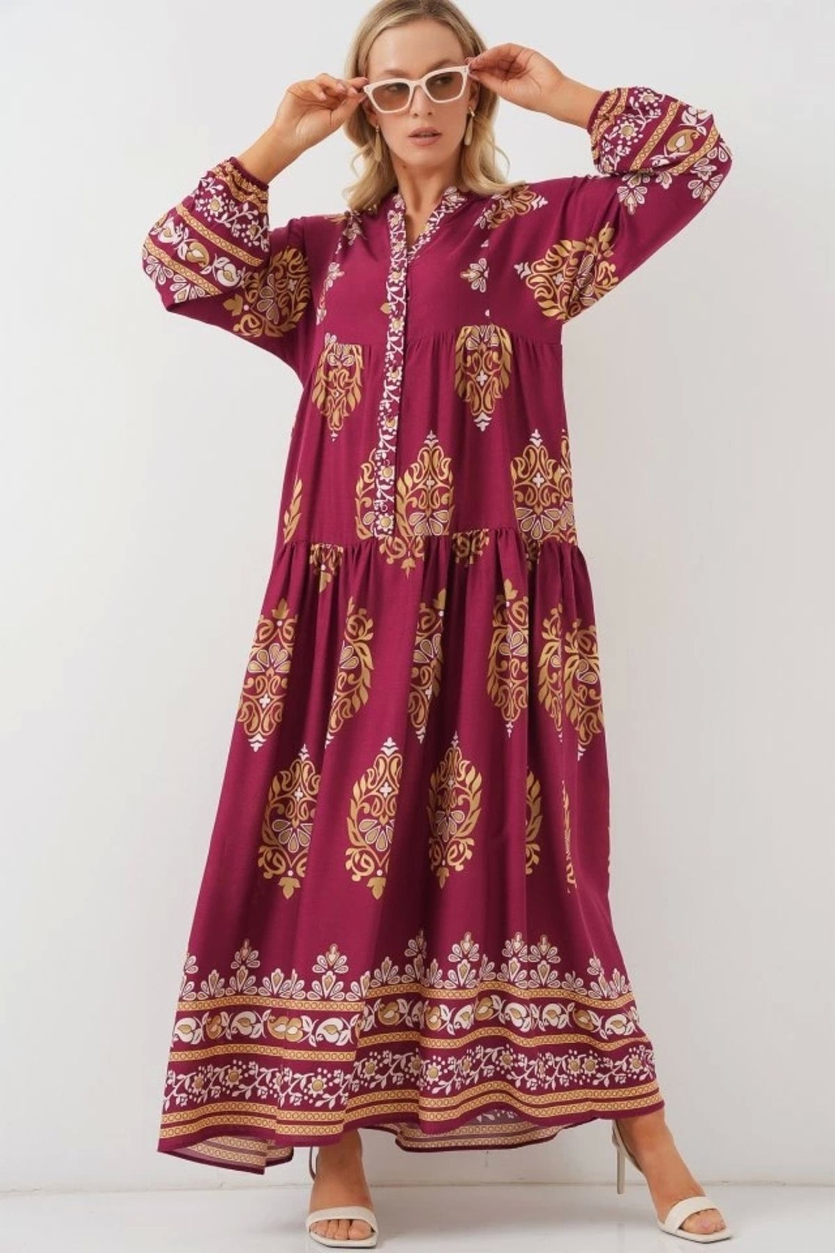 Butik 2423 Otantik Desenli Tesettür Elbise - Z.Bordo