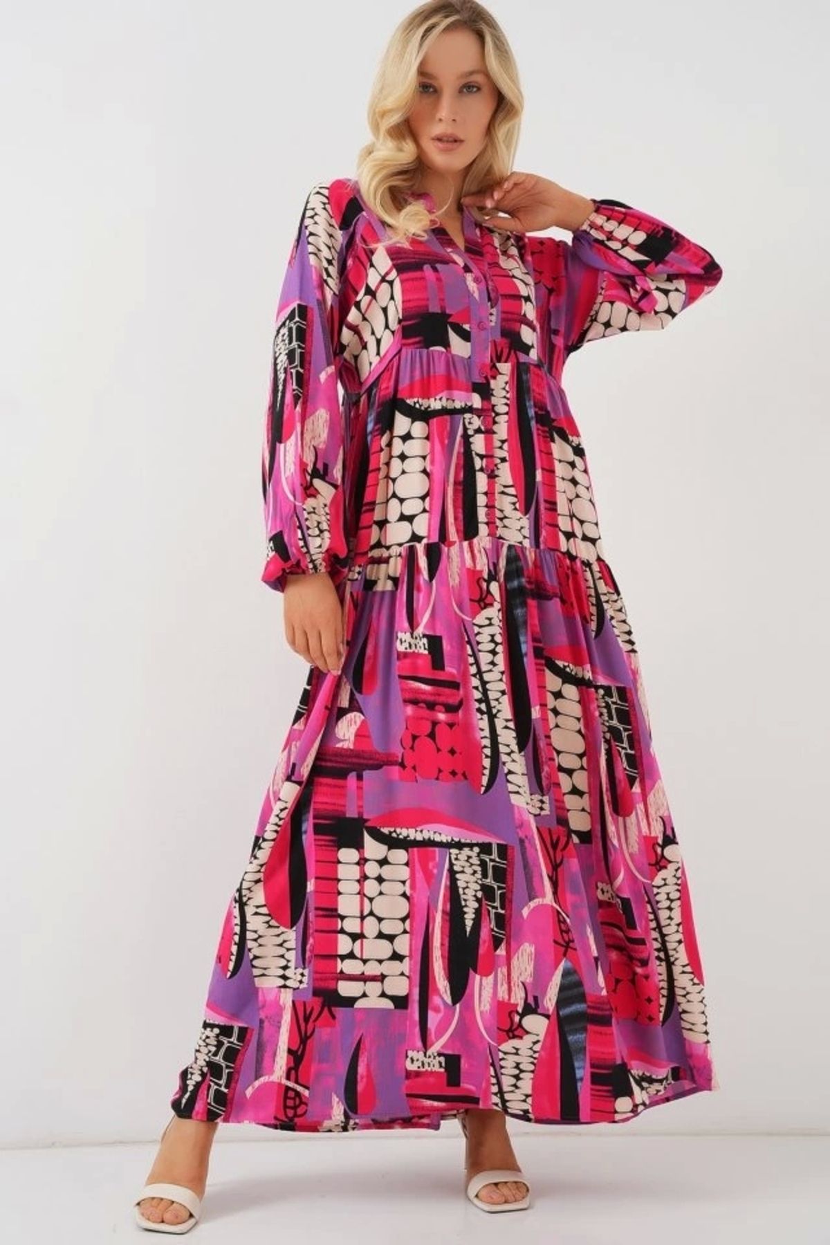 Butik 2423 Otantik Desenli Tesettür Elbise - Siyah - Mor
