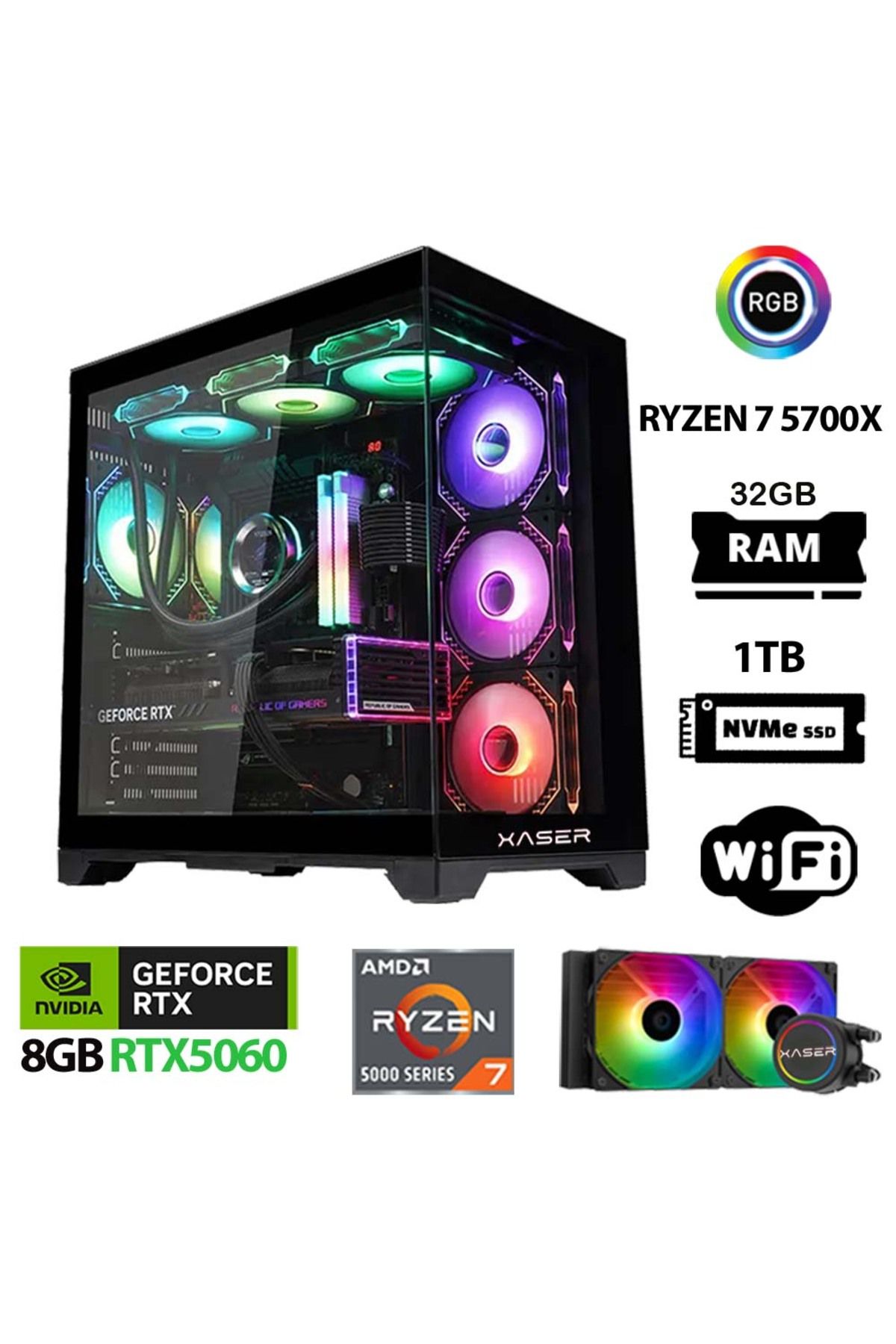 XASER Sword X50 Ryzen 7 5700x 32gb Ram 1tb M.2 Nvme Ssd 8gb Rtx5060 Sıvı Soğutmalı Oyun Bilgisayarı