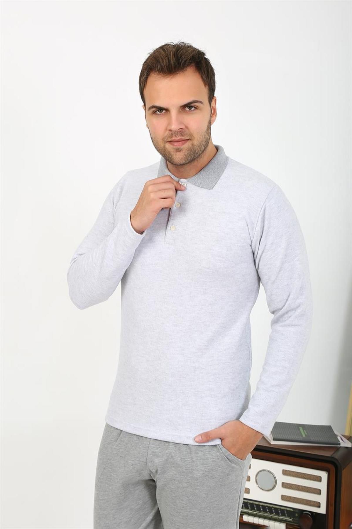 Celira Erkek Polo Yaka Uzun Kol Penye Pijama Takımı Gri 6864