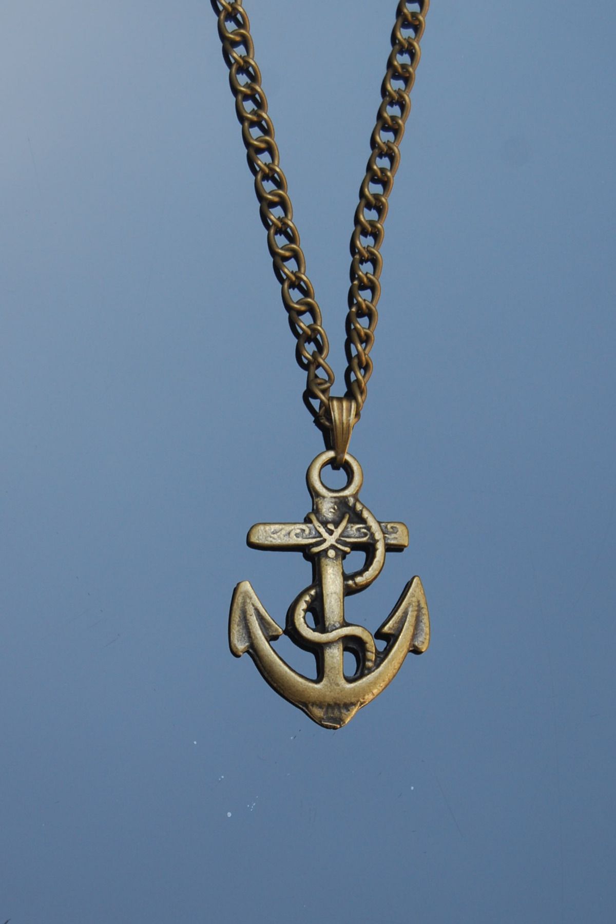 Rua Jewelry Çapa Model Denizci Kolyesi - Antik Sarı Kaplama Klasik Zincirli