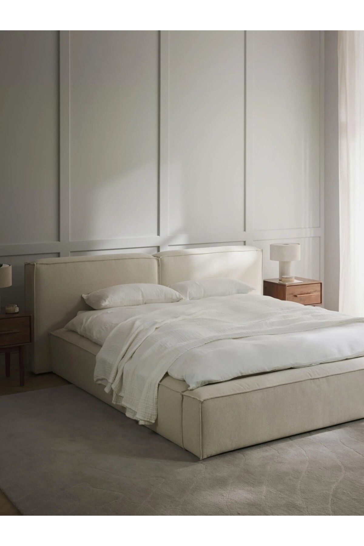 NEXHOME Nova Karyola Baza Başlık Set 160x200 cm. Kırık Beyaz Keten Kumaş (Montaj Dahil)
