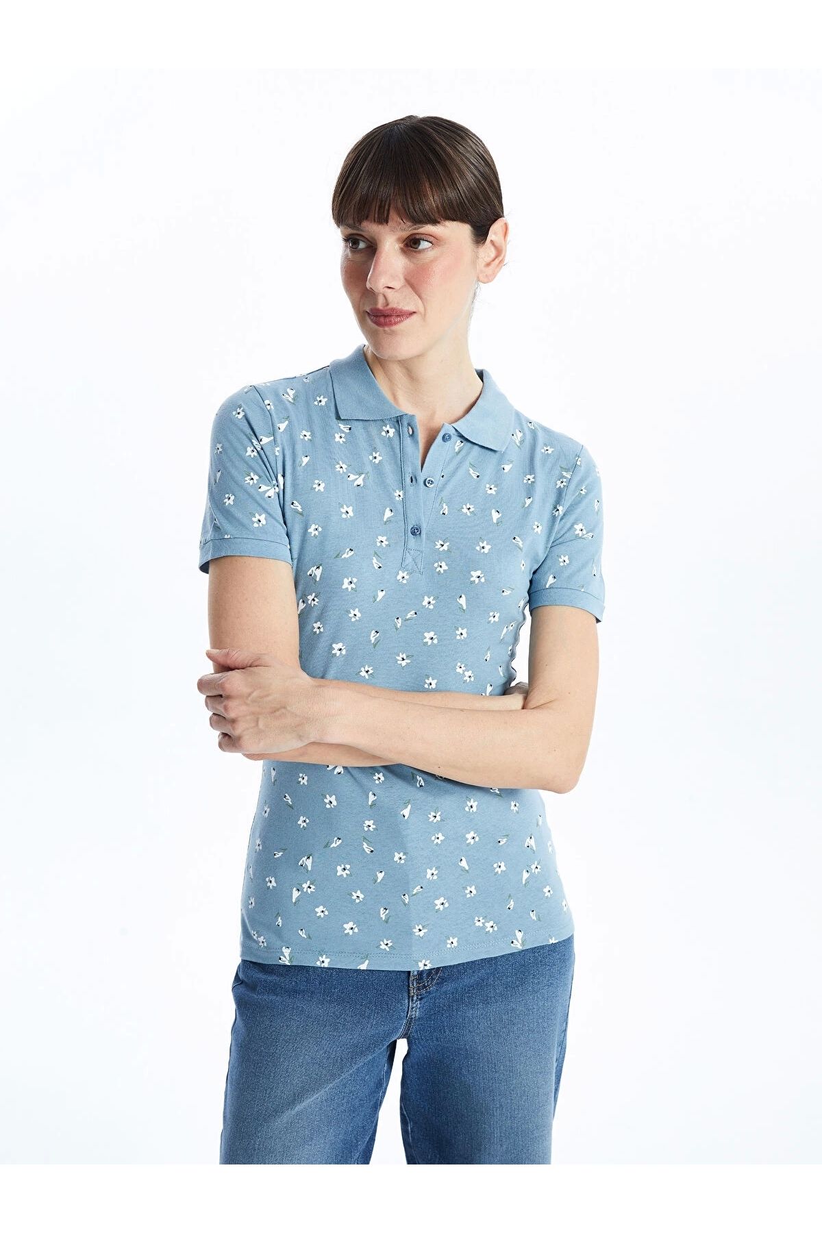 LC Waikiki LCWAIKIKI Classic Mavi Polo Yaka Desenli Kadın Tişört