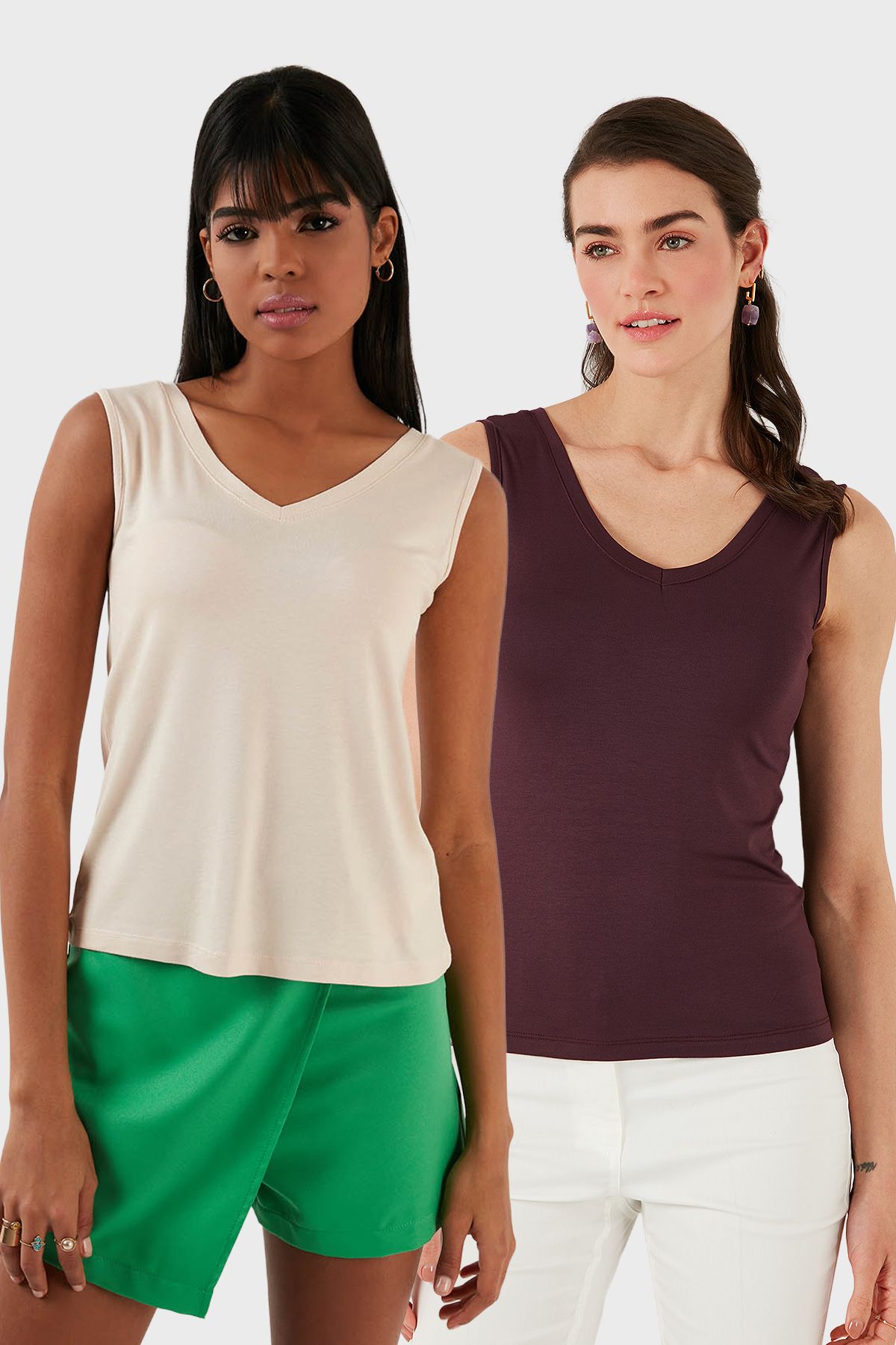 Lela Slim Fit V Yaka Kalın Askılı 2' li Paket Bluz BLUZ 5864384S2