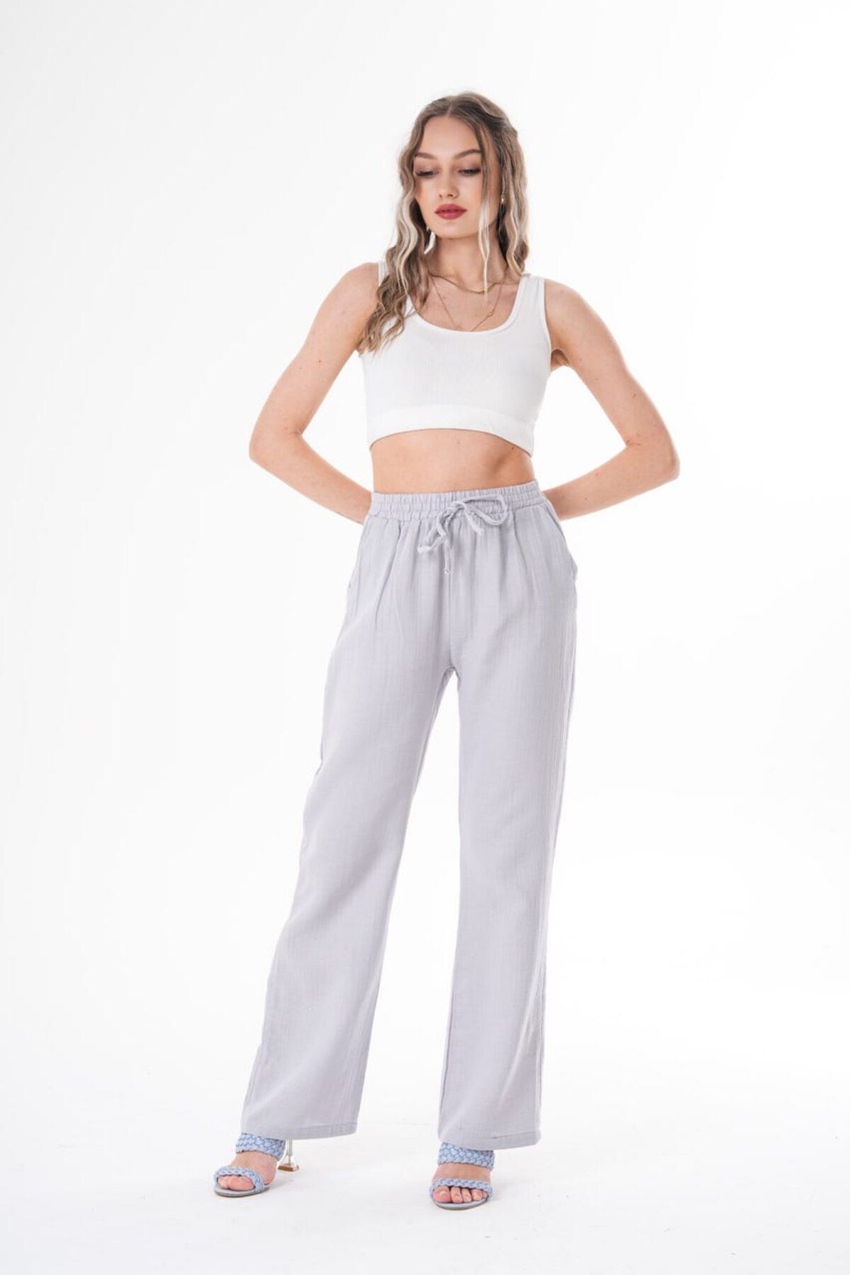 Şimal Tekstil Moda Müslin kumaş beli ayarlanabilir pantolon
