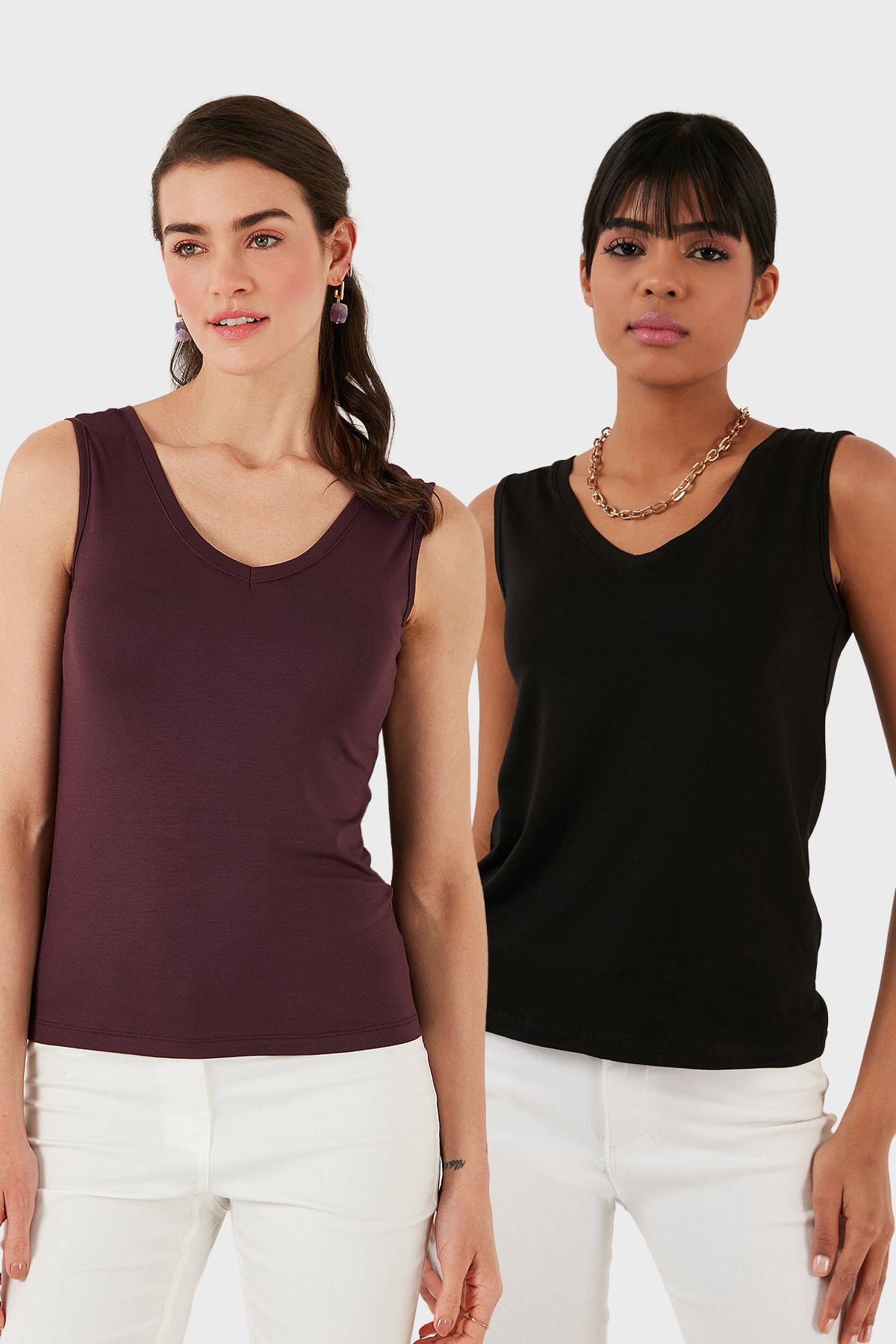 Lela Slim Fit V Yaka Kalın Askılı 2' li Paket Bluz BLUZ 5864384S2
