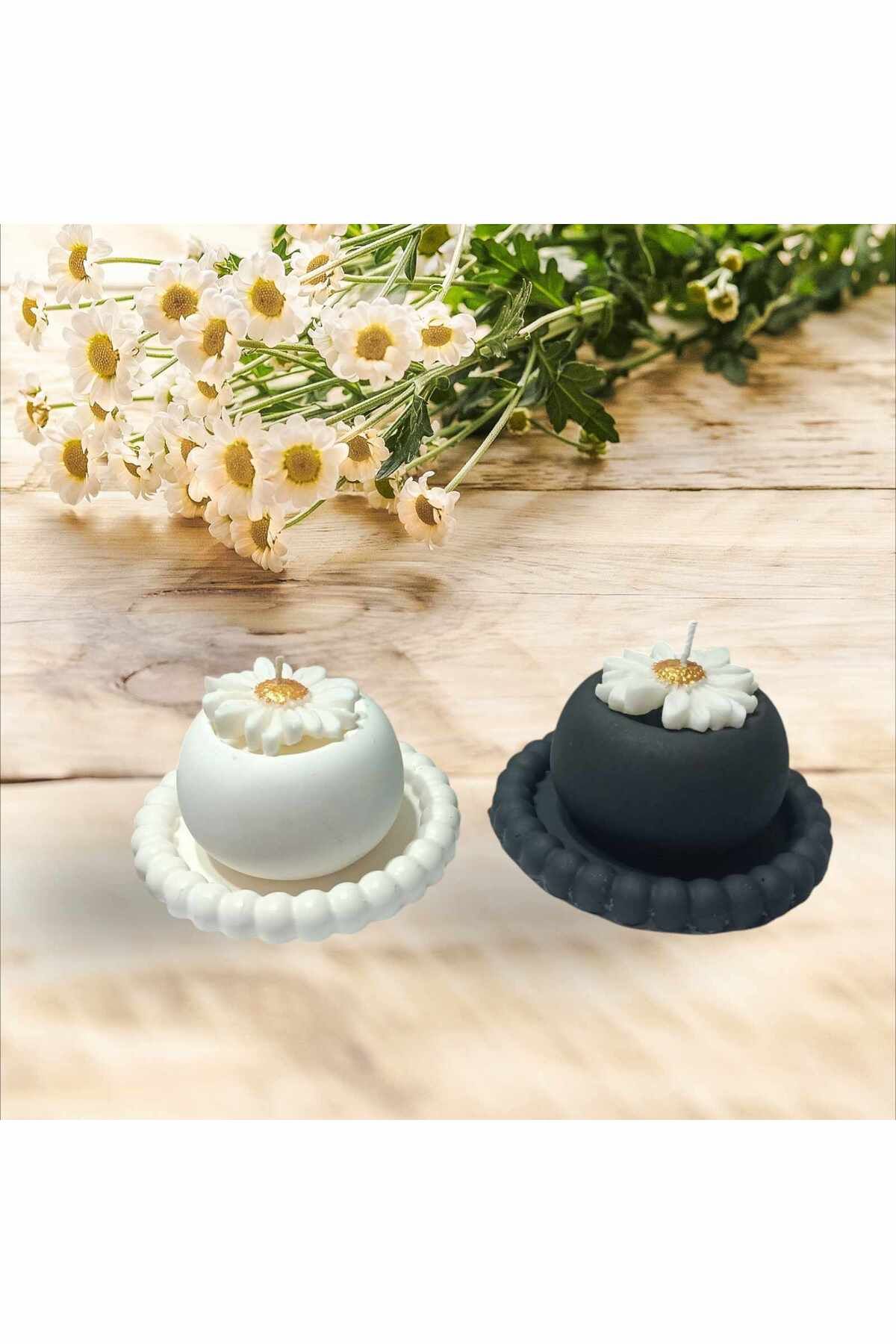 cotton my heart El yapımı dekoratif siyah beyaz aşk ikili set, mumluk, tepsi, kokulu papatya şekilli soya mum