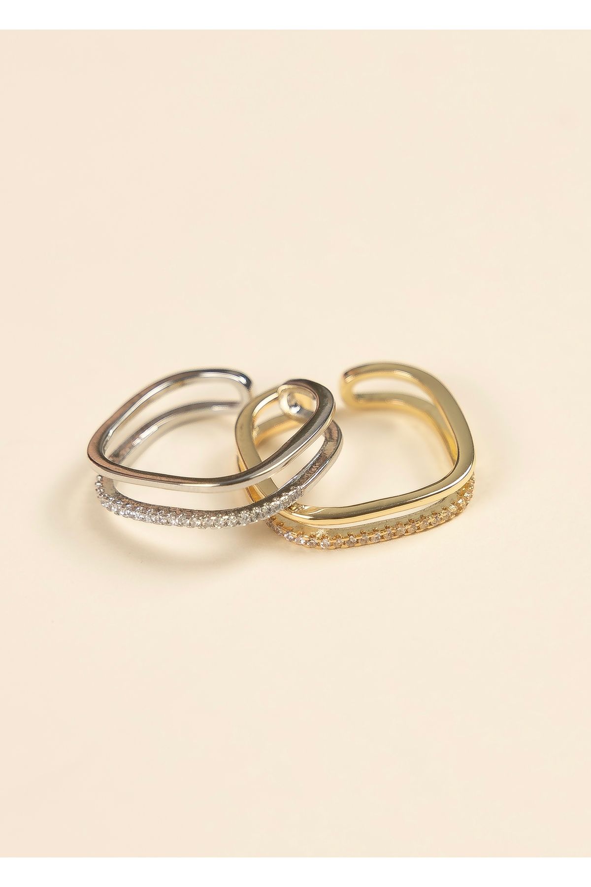 Home Sihra Accessories ince sıralı taşlı zarif yüzük ayarlanabilir gold renk