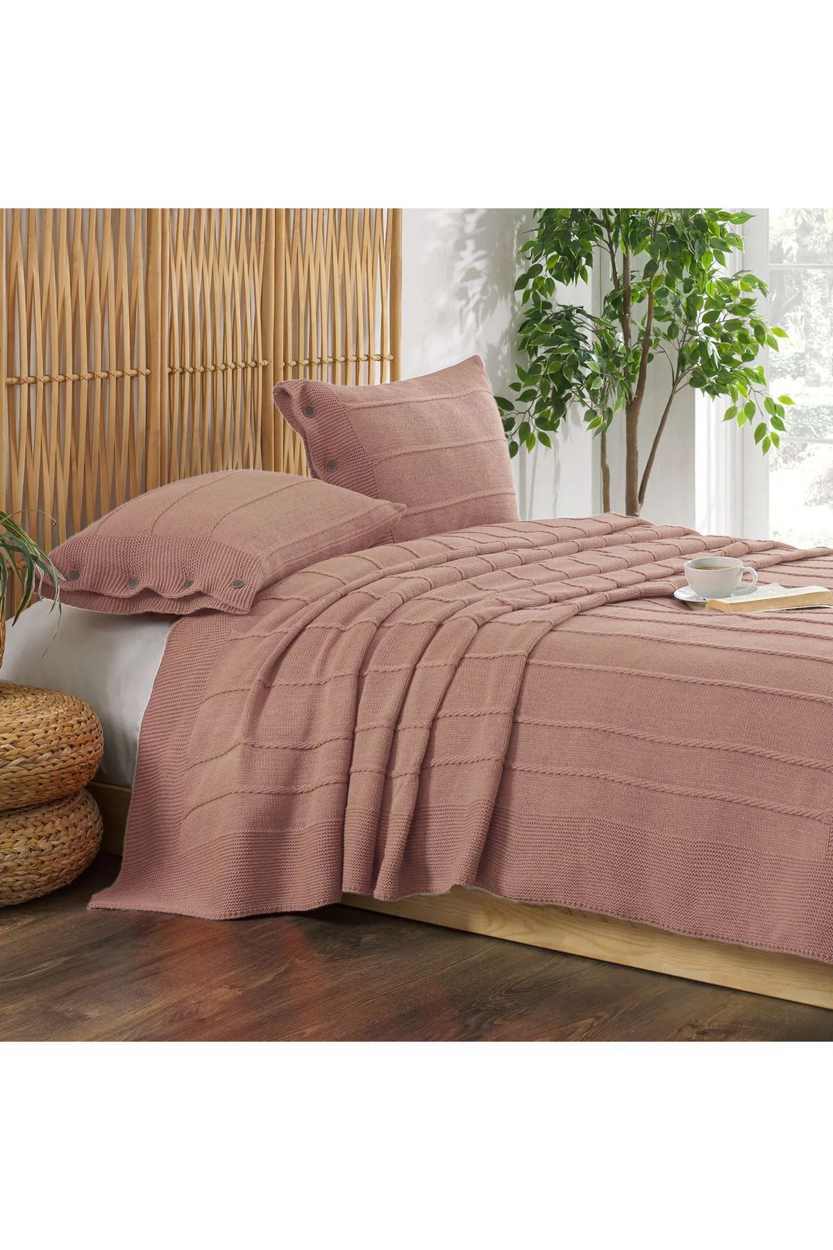 ELLE HOME Triko Çift Kişilik Yatak Örtüsü - Pudra