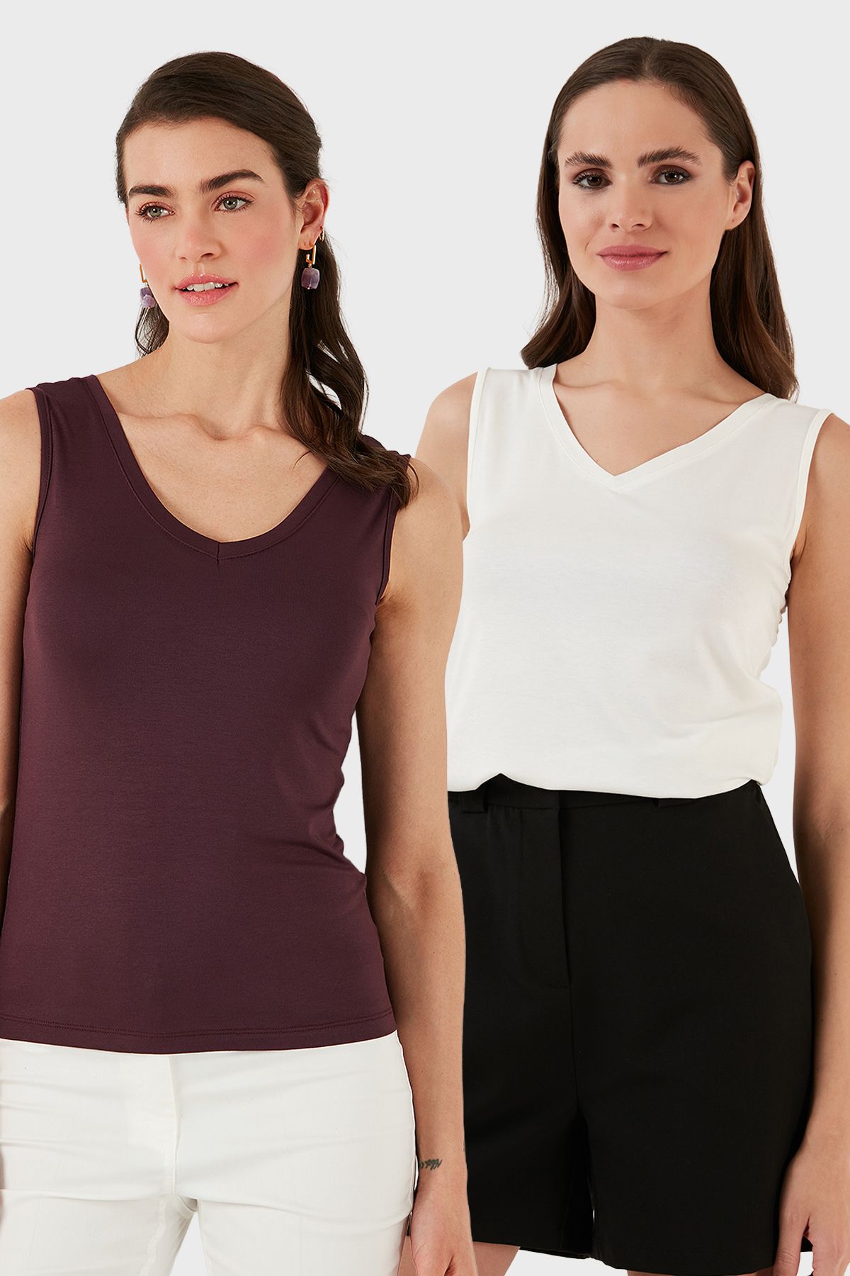 Lela Slim Fit V Yaka Kalın Askılı 2' li Paket Bluz BLUZ 5864384S2