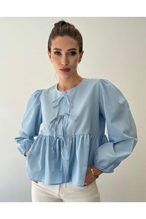 ossons Pamuklu Poplin Kumaş Mavi Fiyonklu Gömlek