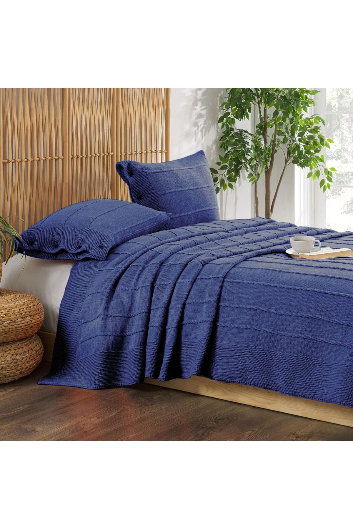 ELLE HOME Triko Çift Kişilik Yatak Örtüsü - İndigo