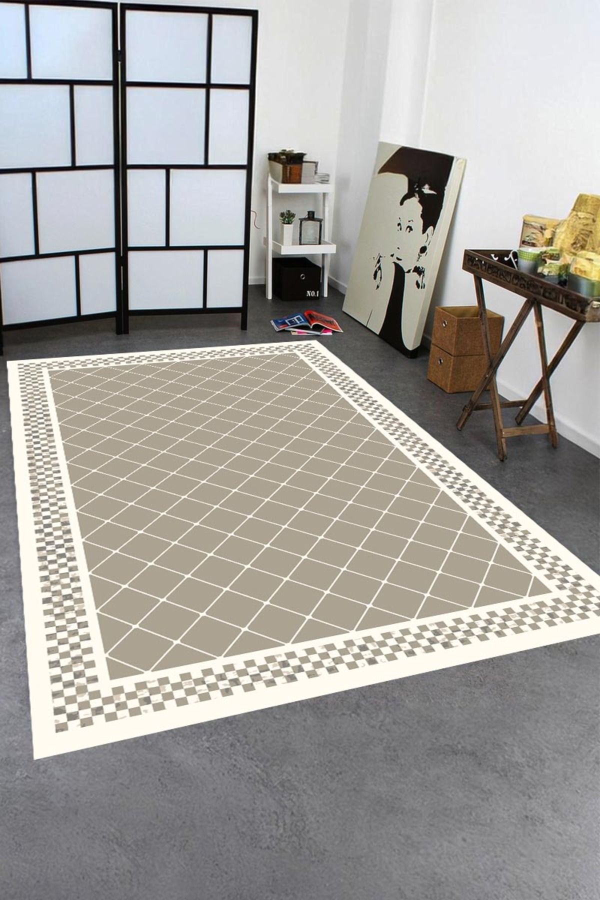 Resmiro Makinede Yıkanabilir Kaymaz Taban Leke Tutmaz Geometrik Desenli Salon ve Yolluk Halısı