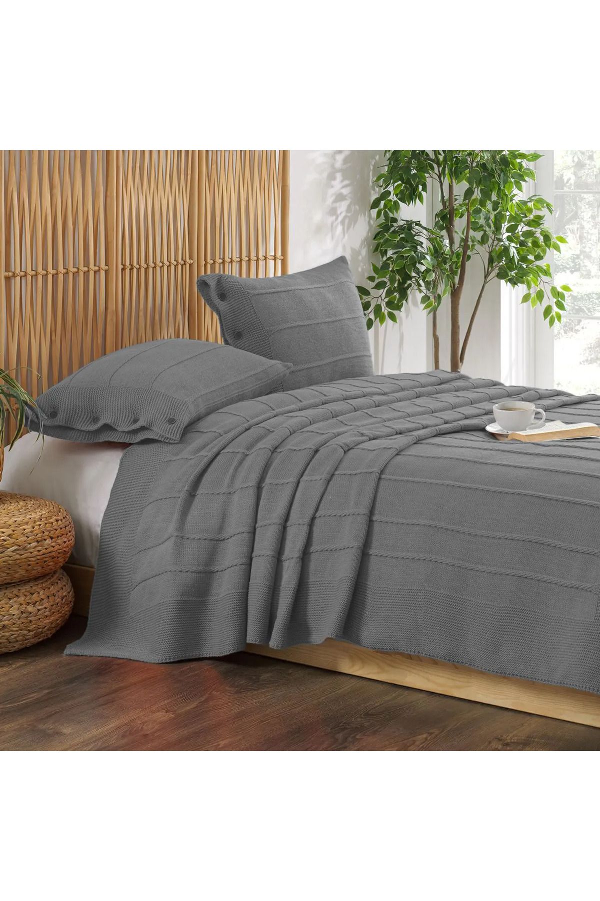 ELLE HOME Triko Çift Kişilik Yatak Örtüsü - Antrasit