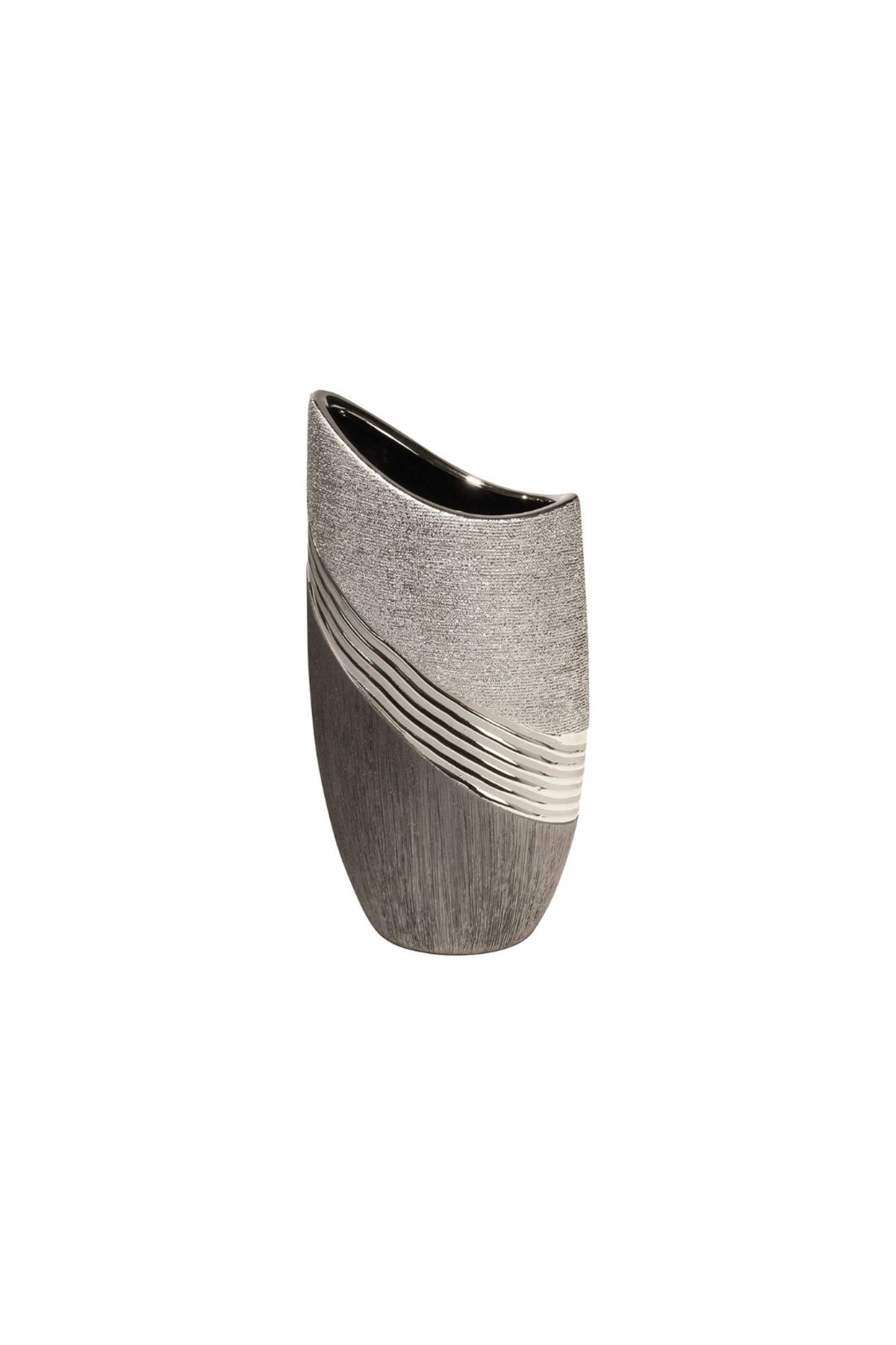 Gilde Gılde Vazo Çizgili Seramik Gri Gümüş Renkli L.6 Cm W.11 Cm H.20 Cm