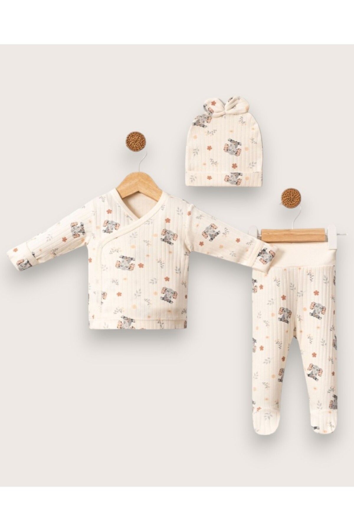 MINNOOSH BABY Fil Nakışlı Unisex3'Lü Zıbın Takımı %100 Pamuk