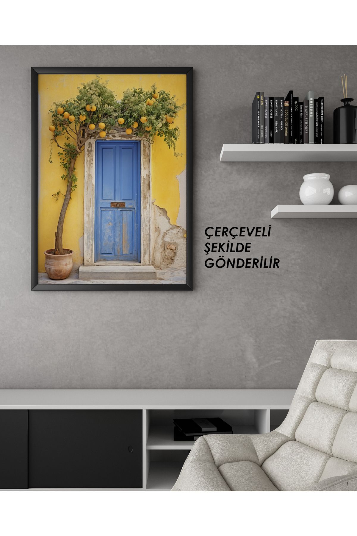 çınararthome Mavi Kapı ve Limon Ağacı Temalı Çerçeveli Poster – Akdeniz Tarzı Duvar Dekoru