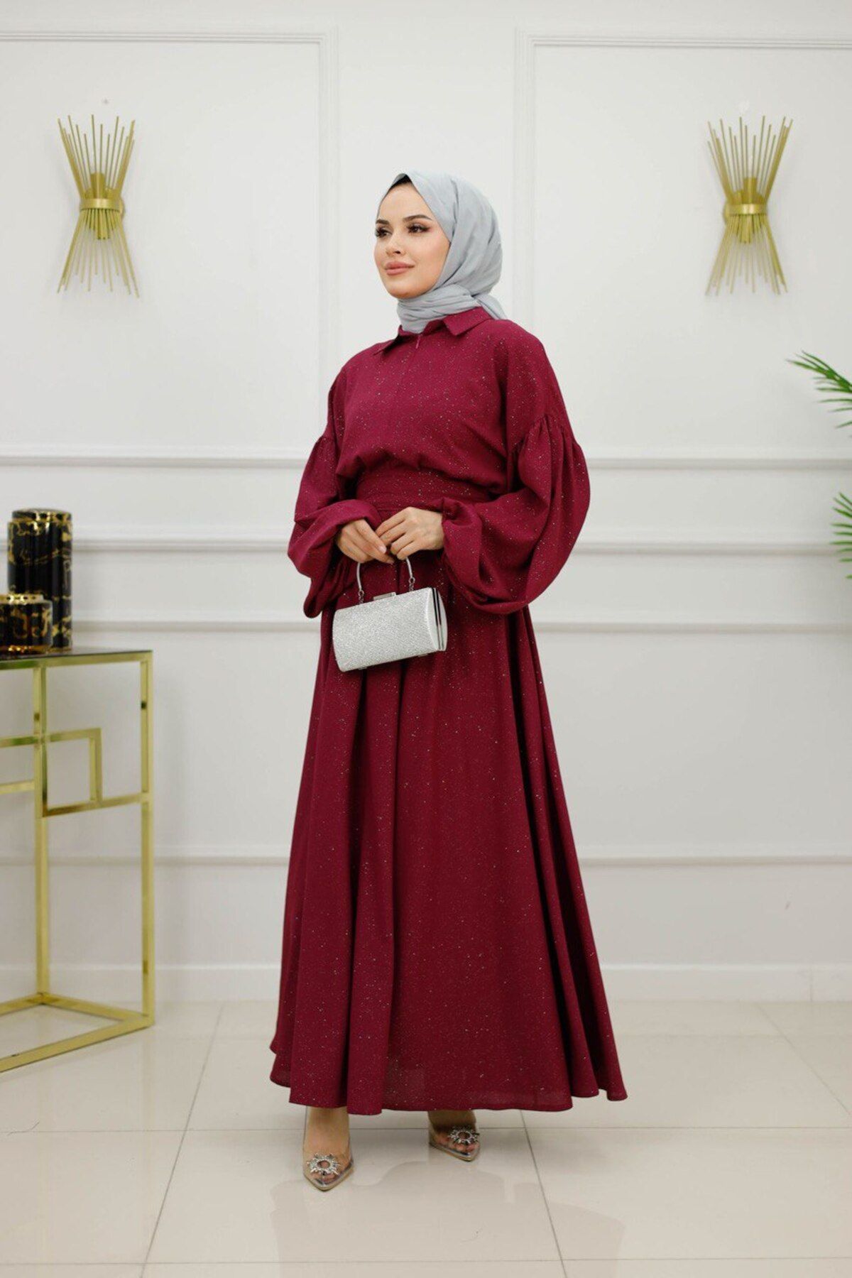Enans Design Kadın Tesettür Abiye Elbise Işıltılı Pamuklu Kumaş Dökülme Yapmaz