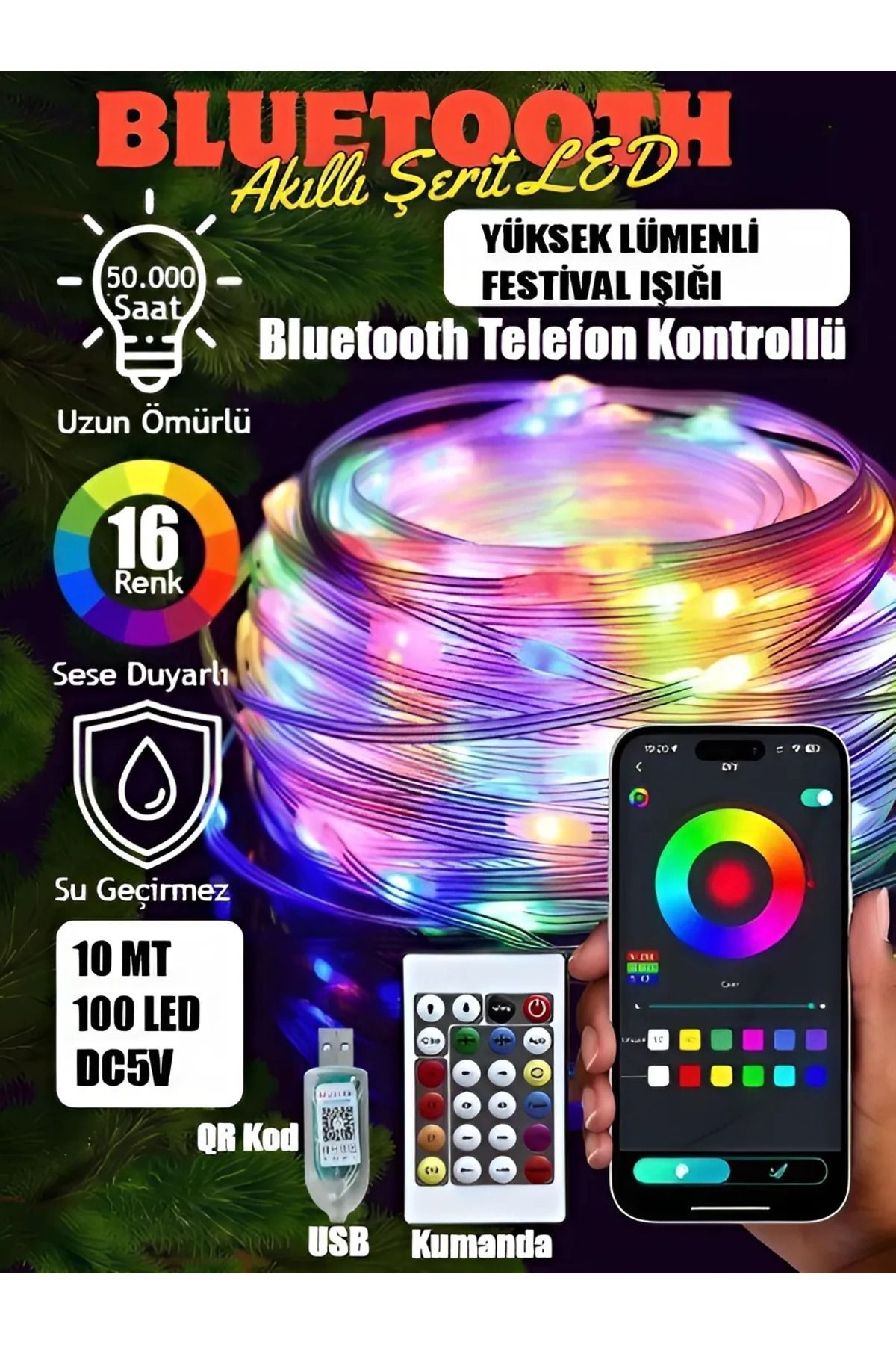 Janva 10 mt Akıllı Led Işık Bluetooth Telefon Kontrolü Su Geçirmez Sese Duyarlı Ev Bahçe Aydınlatma Süsü