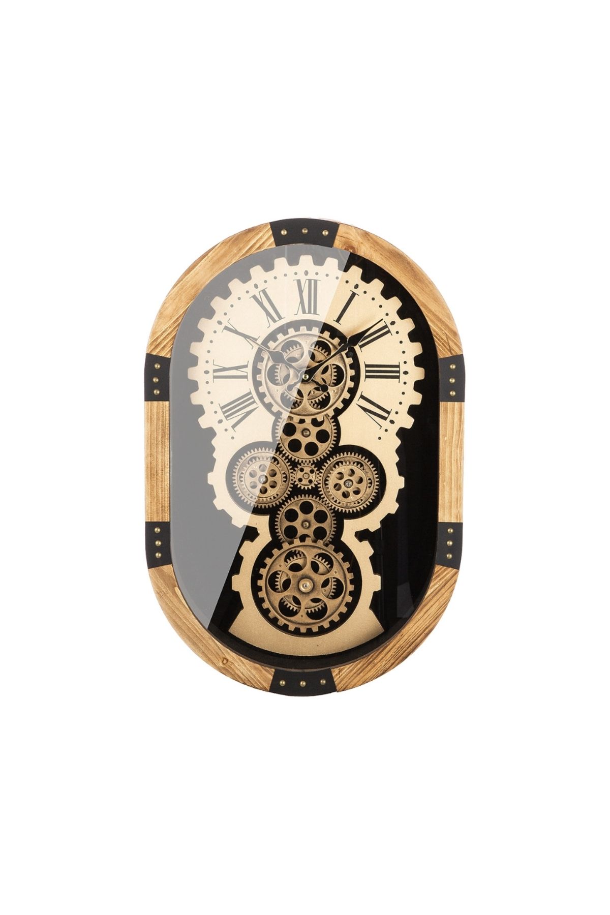 Gilde Gılde Duvar Saati Oval Dişli Çark Motifli Metal Siyah Altın Renkli L.8 Cm G.39 Cm Y.58 Cm