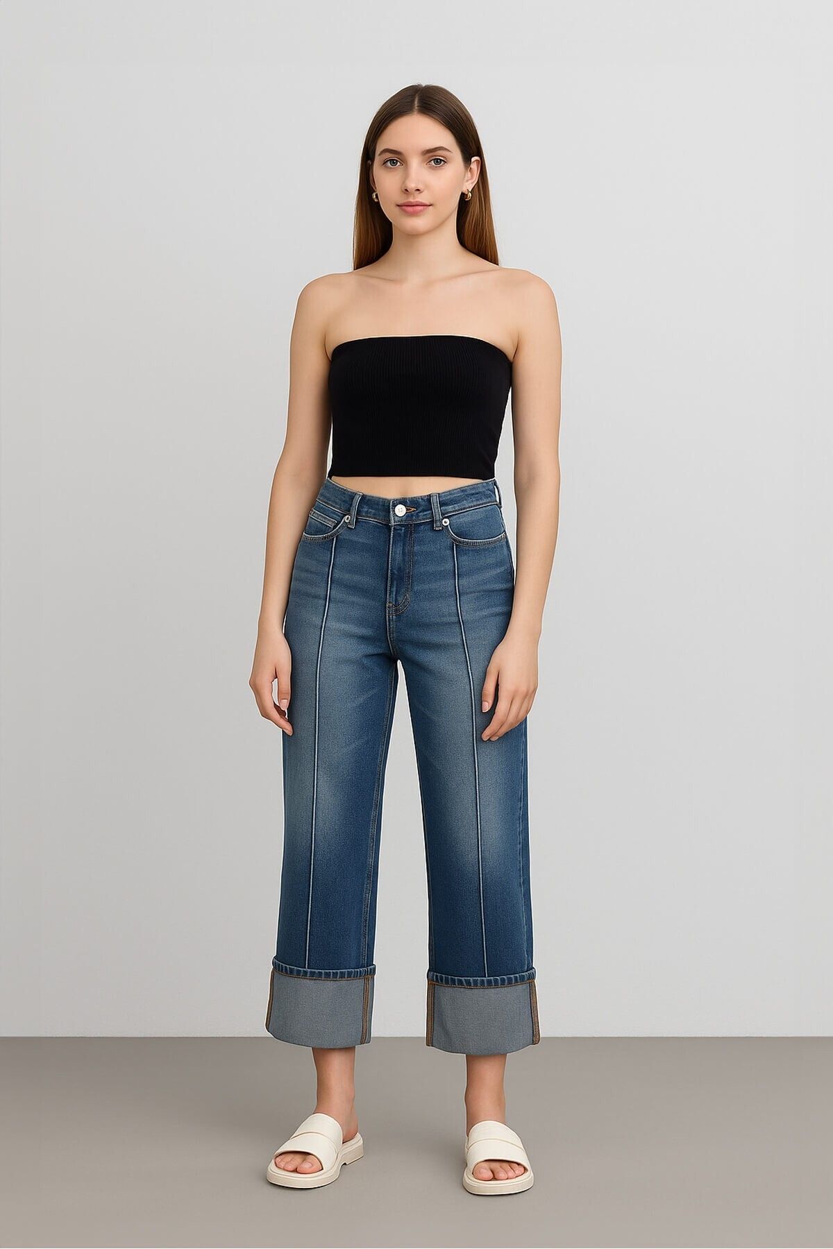 Bluewhite Kadın Yüksek Bel Paçası Katlı Relaxed Fit Mavi Jean Pantolon