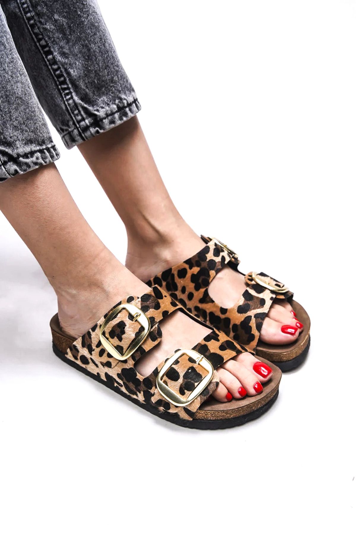 Ayakkabı Vakti Leopar Desen Çift Toka Günlük Kadın Terlik - Leopar Terlik