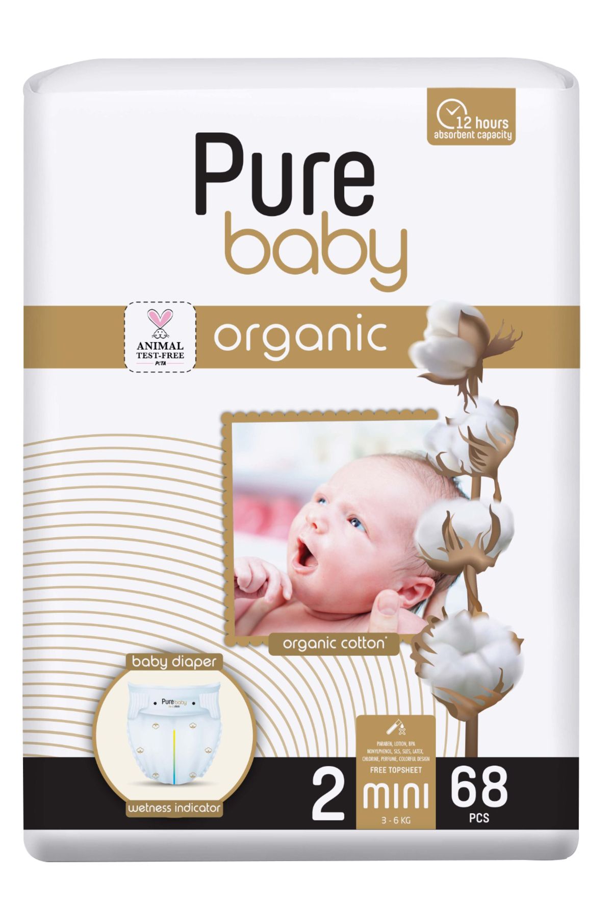 Pure Baby Scutece Nr. 2 (3-6 Kg) 68 Buc./pachet - One Size