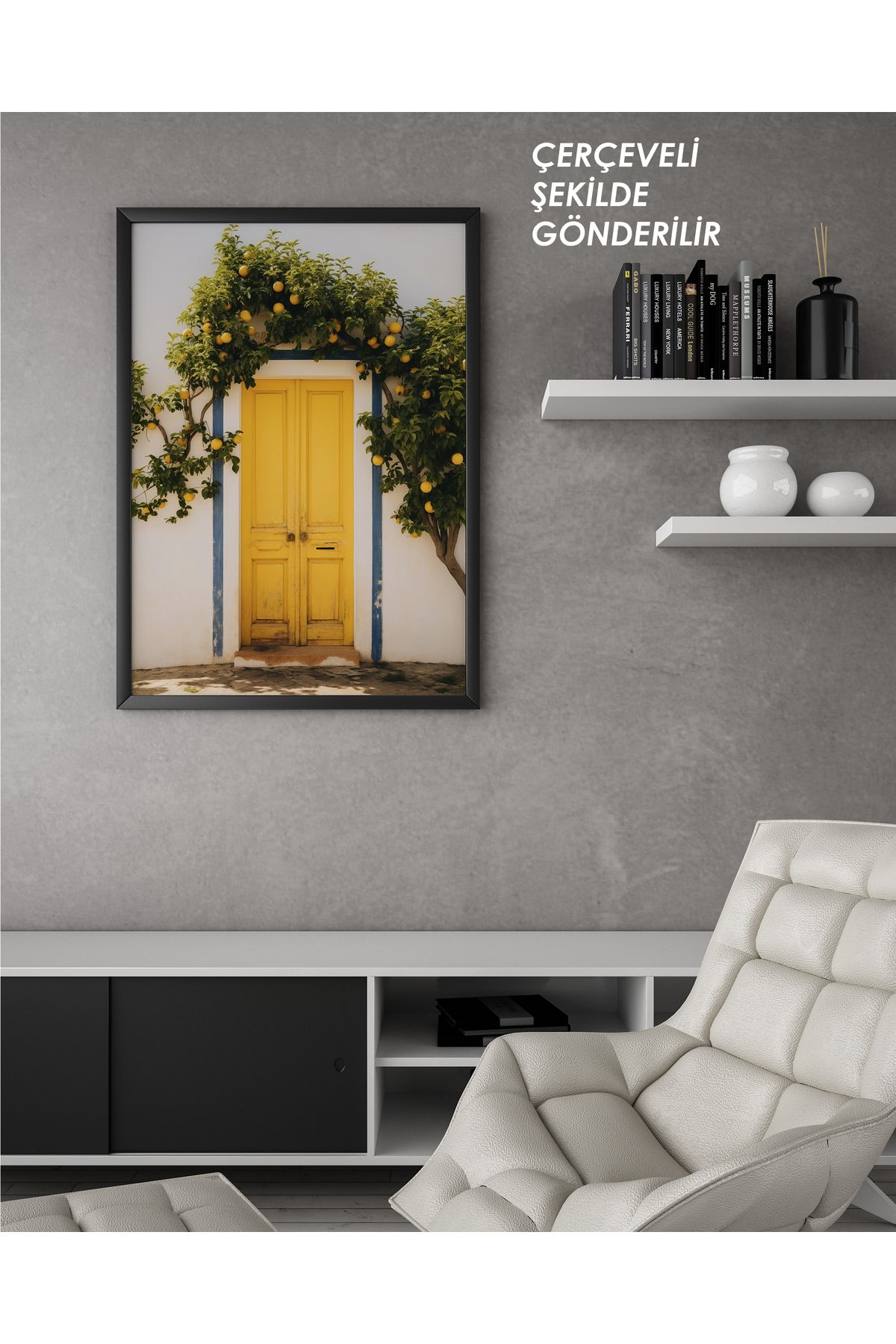 çınararthome Sarı Kapı Temalı Dekoratif Tablo – Ahşap Çerçeveli Duvar Dekorasyonu