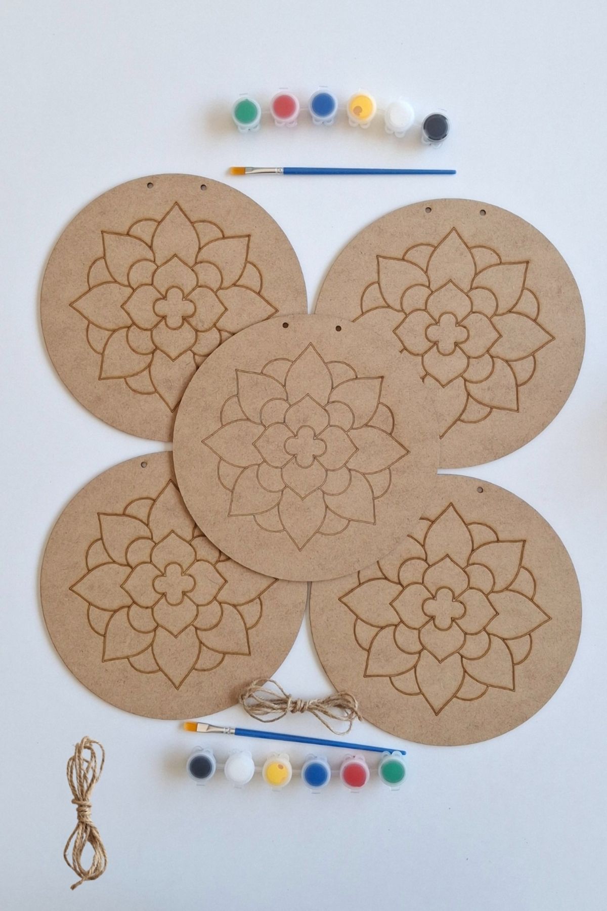 ERDİZDEN Özgün Tasarımlar İçin 5 Parça Mandala Ana Ham MDF Dekoratif Set - Fırça ve Akrilik Boya Hediye