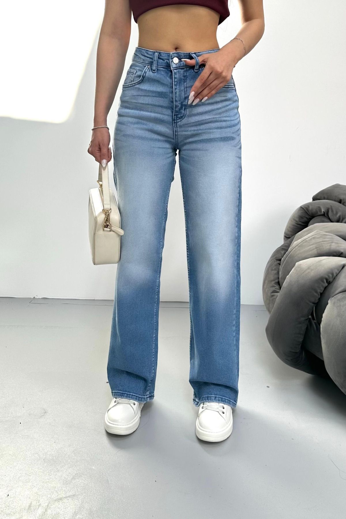 BİKELİFE Kadın Yüksek bel Esnek Soluk Efektli Palazzo Jeans