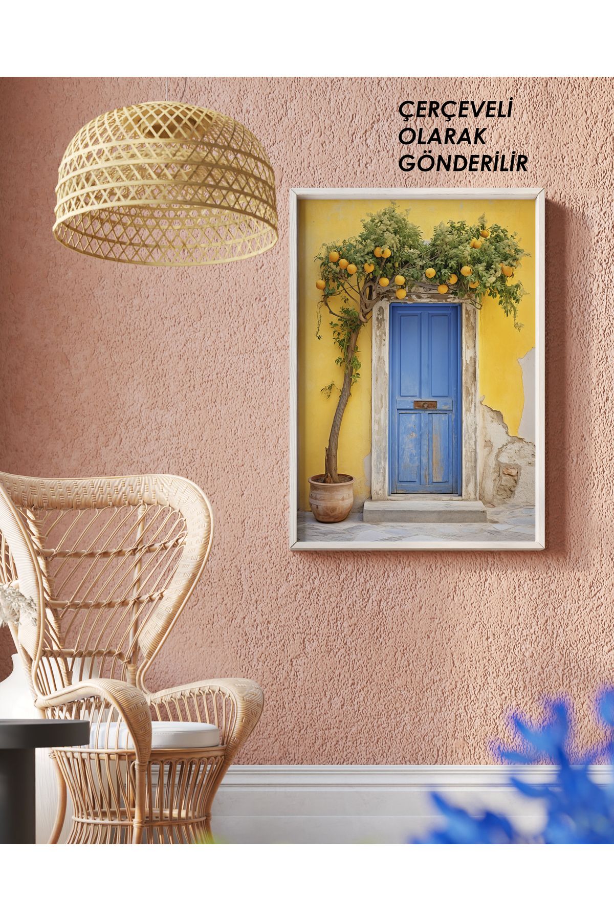 çınararthome Mavi Kapı ve Limon Ağacı Temalı Çerçeveli Poster – Akdeniz Tarzı Duvar Dekoru