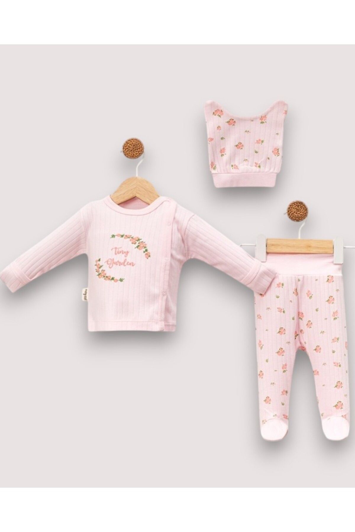MINNOOSH BABY Çiçek Nakışlı Kız Bebek 3'Lü Zıbın Takımı %100 Pamuk