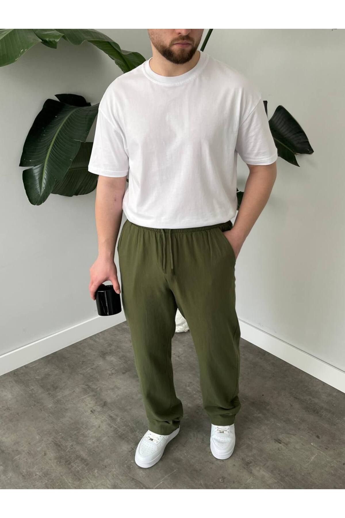 ONUR ERBİL MODA Erkek Yeşil Keten Baggy Pantolon - Rahat Günlük Giyim