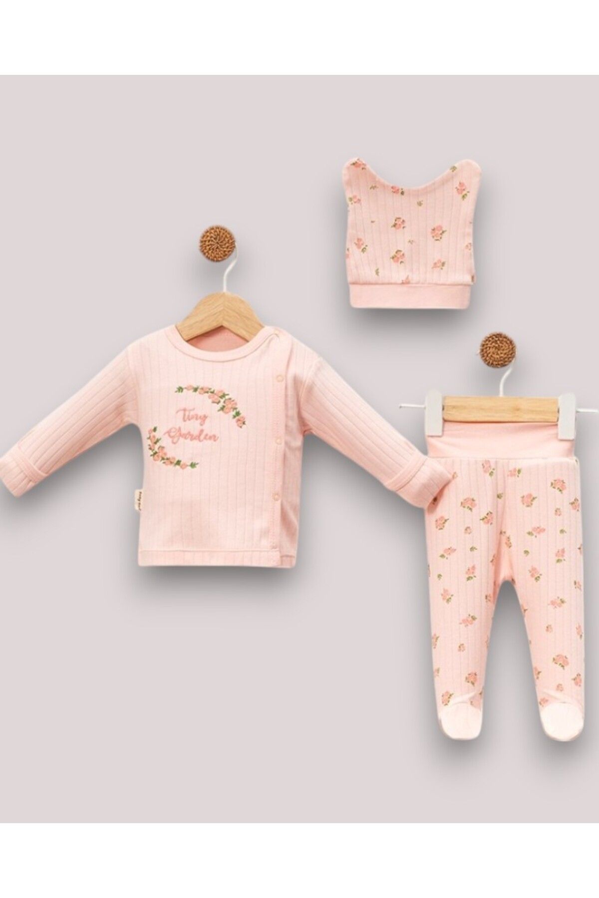 MINNOOSH BABY Çiçek Nakışlı Kız Bebek 3'Lü Zıbın Takımı %100 Pamuk Somon