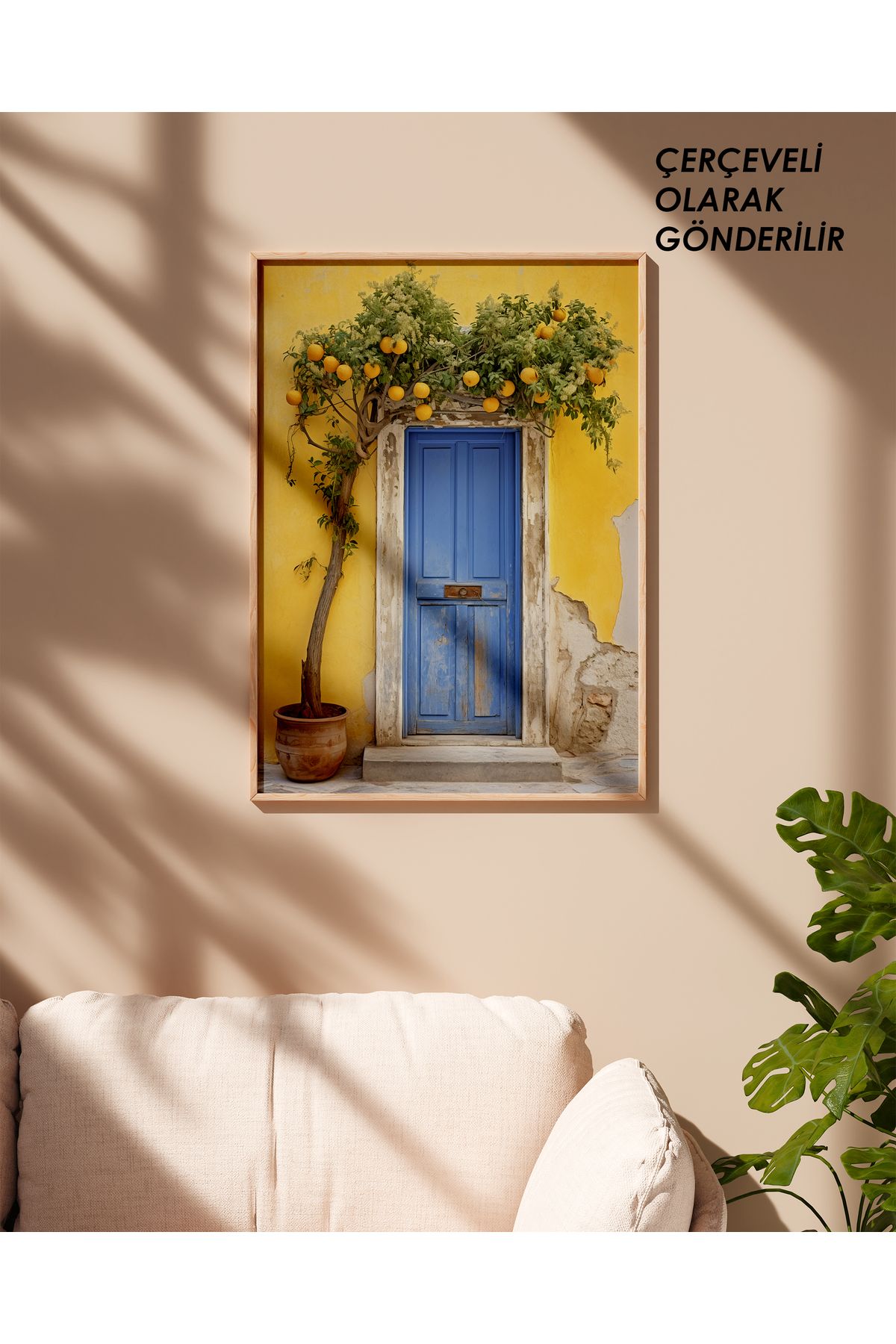 çınararthome Mavi Kapı ve Limon Ağacı Temalı Çerçeveli Poster – Akdeniz Tarzı Duvar Dekoru