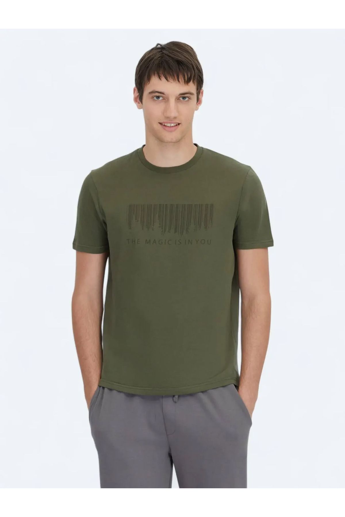 Kip Haki Baskılı Bisiklet Yaka %100 Pamuk T-Shirt