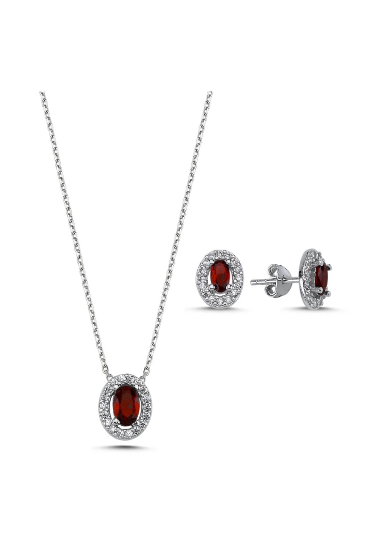 Cherrys Luxury 925 Ayar Gümüş Oval Renkli Zirkon Taşlı Halo Tektaş Set Kırmızı