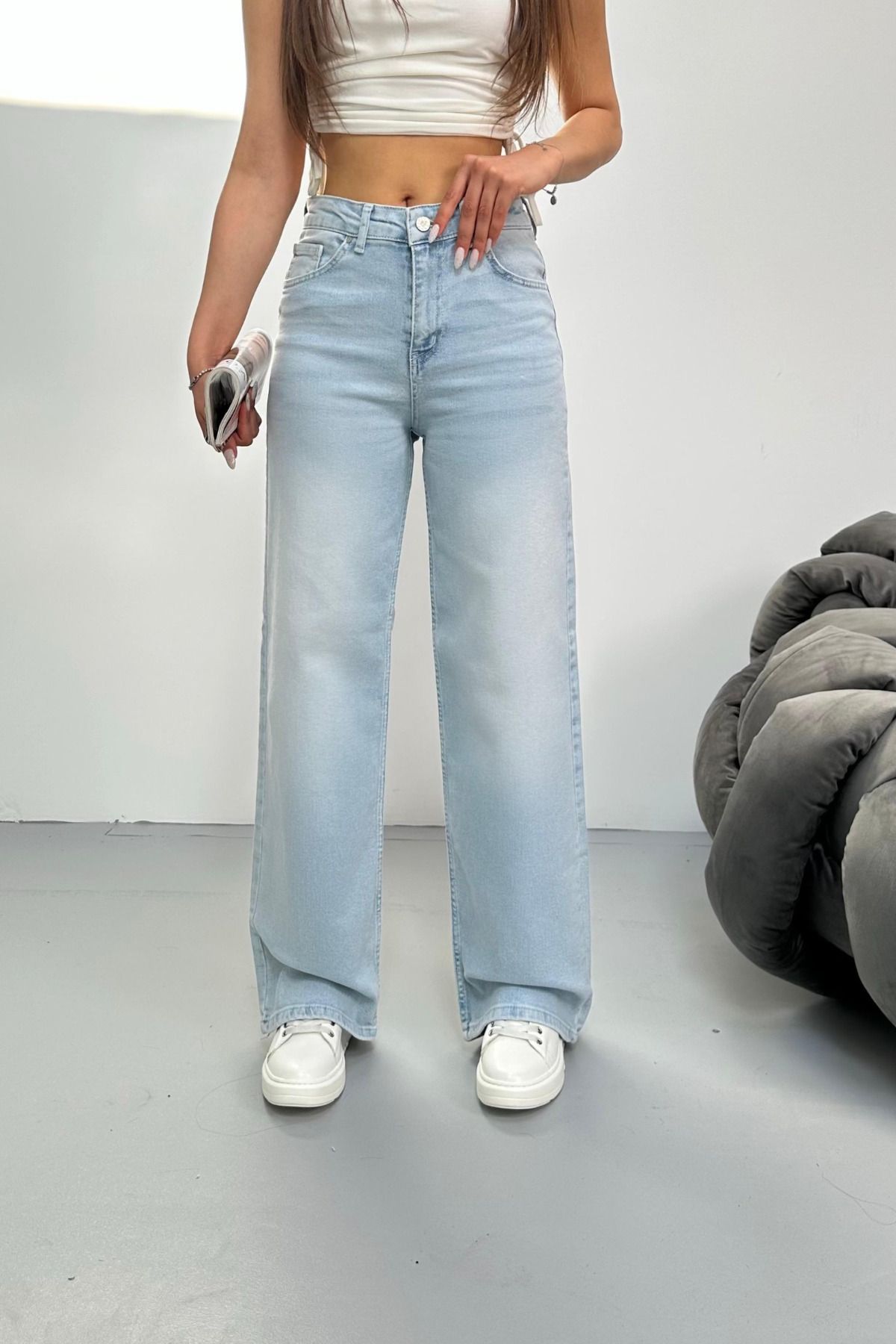 BİKELİFE Kadın Yüksek bel Esnek Soluk Efektli Palazzo Jeans