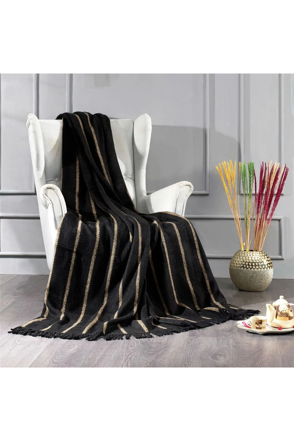 ELLE HOME Çizgi Tek Kişilik Battaniye - Hardal