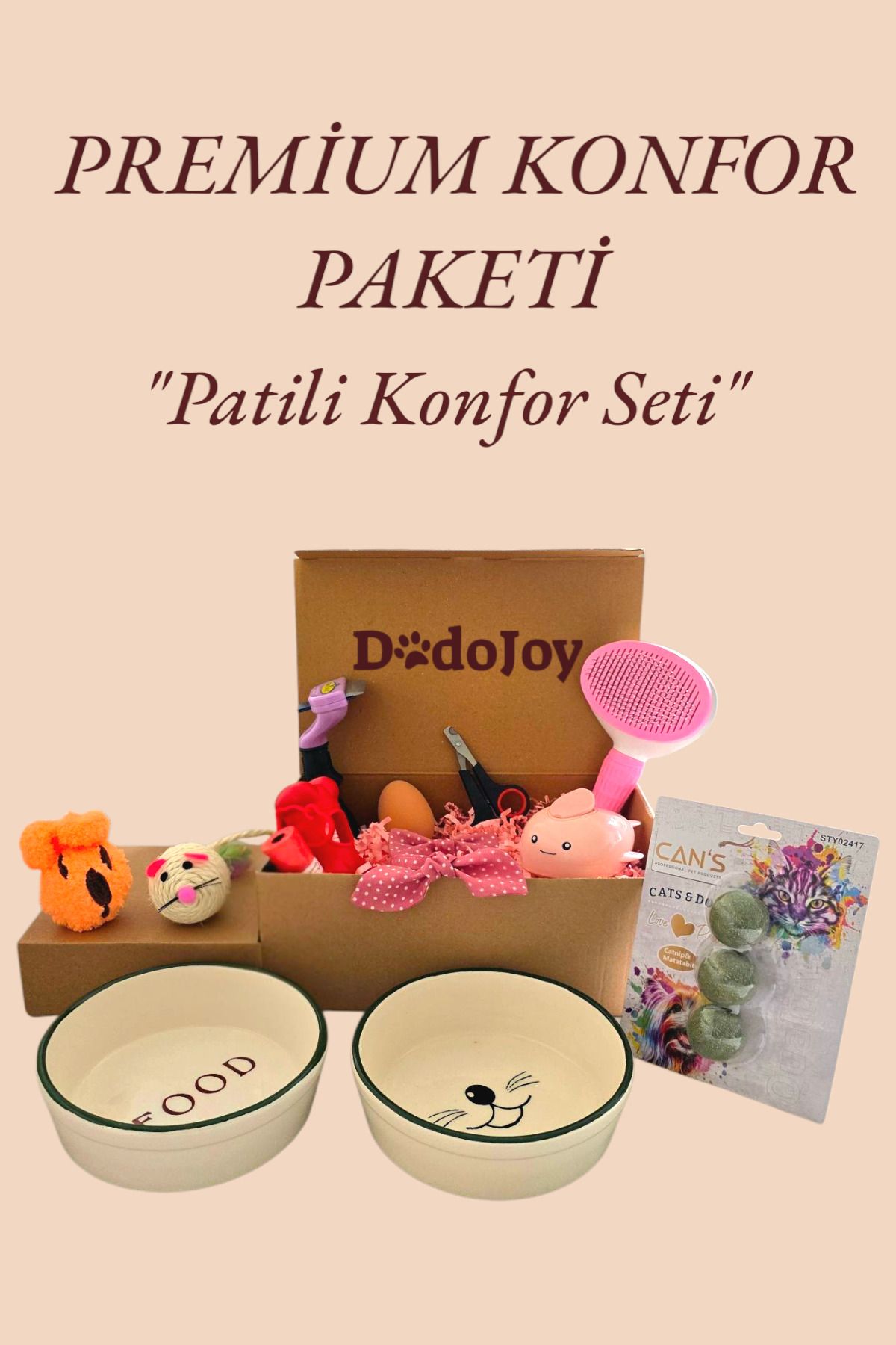 DodoJoy Premium Konfor Seti Mama Kabı Kedi Seti Papyonlu Tasma Seti Kedi Konfor Seti Oyuncak seti