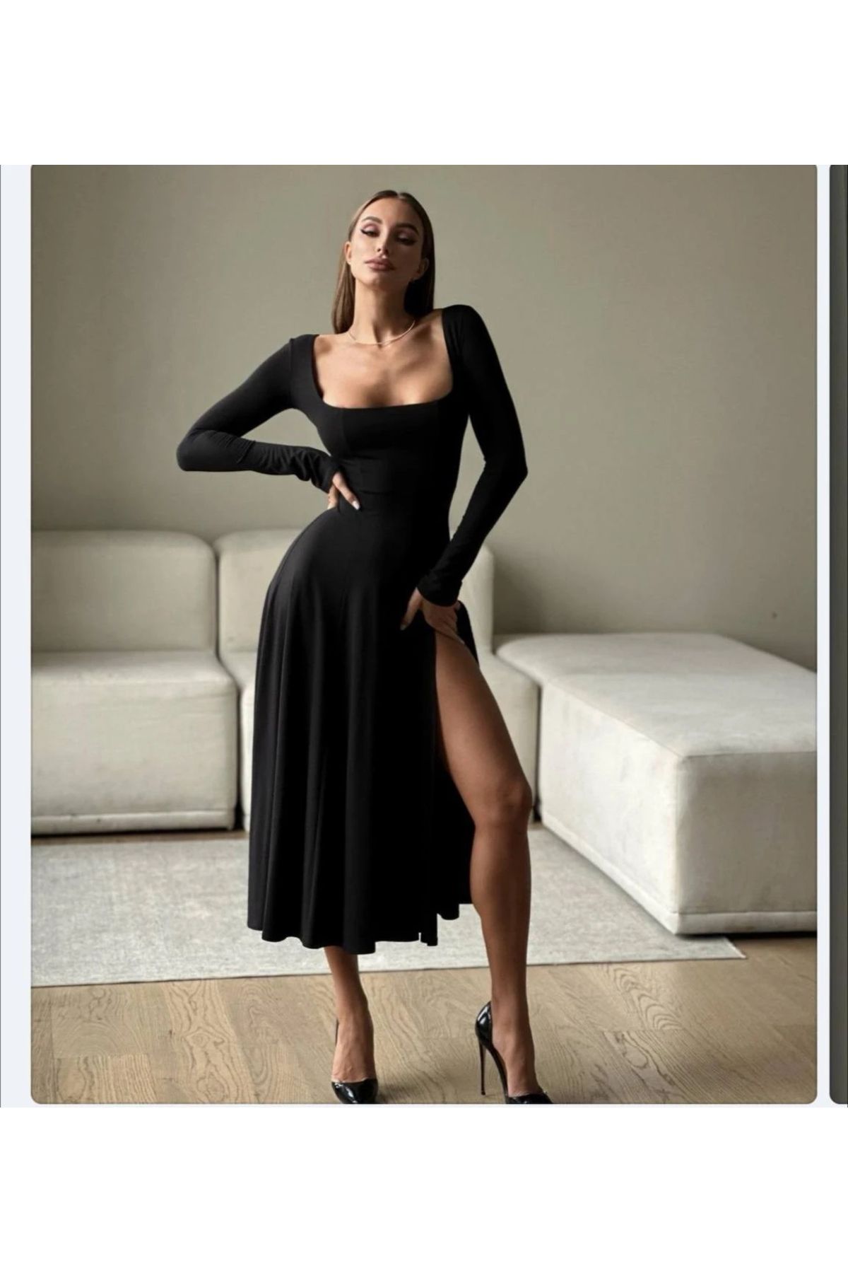 Buklemoda Dalgıç Kumaş Yırtmaçlı Elbise Siyah