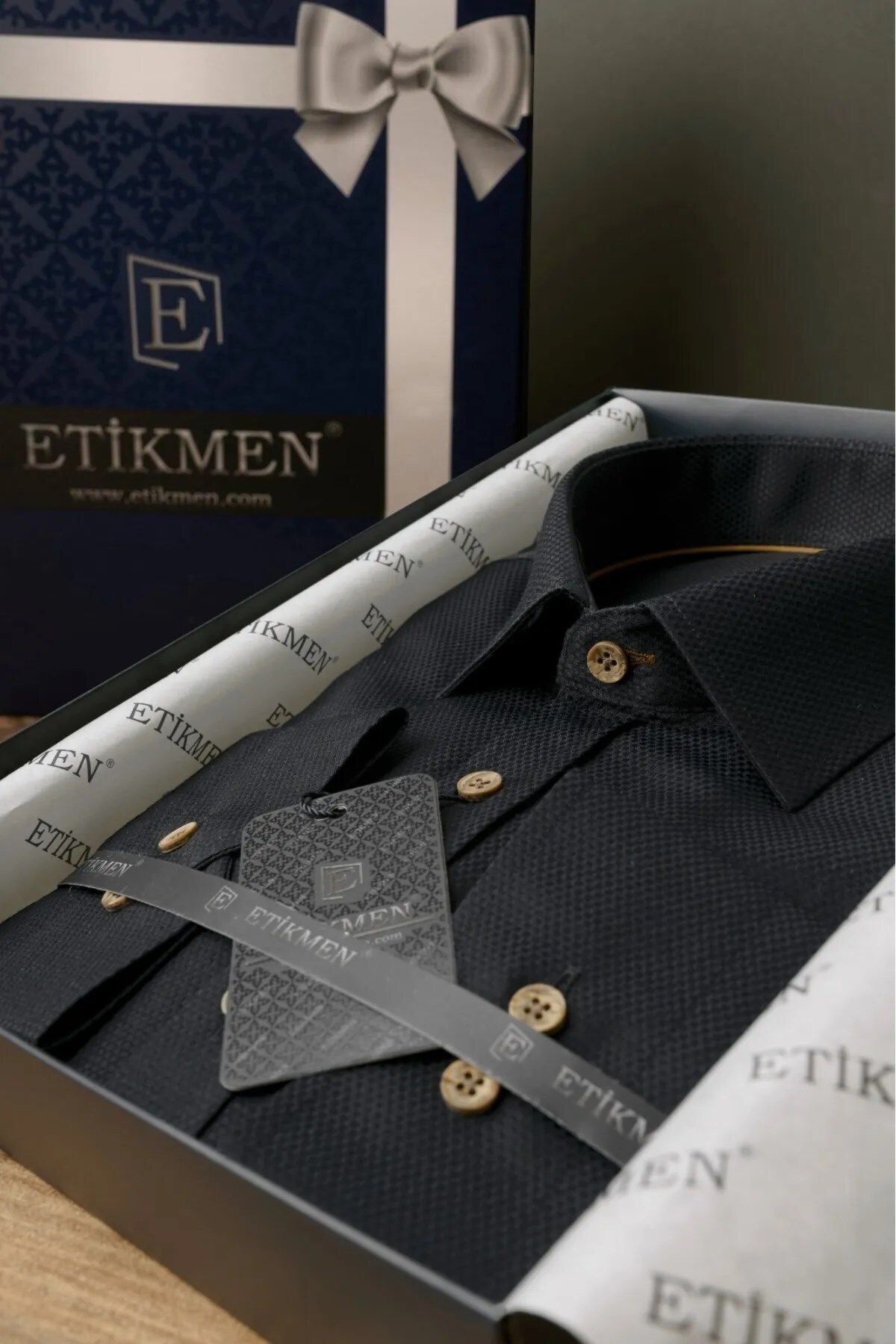 Etikmen Siyah Kahve Düğmeli Slimfit Hediye Kutulu Erkek Gömlek