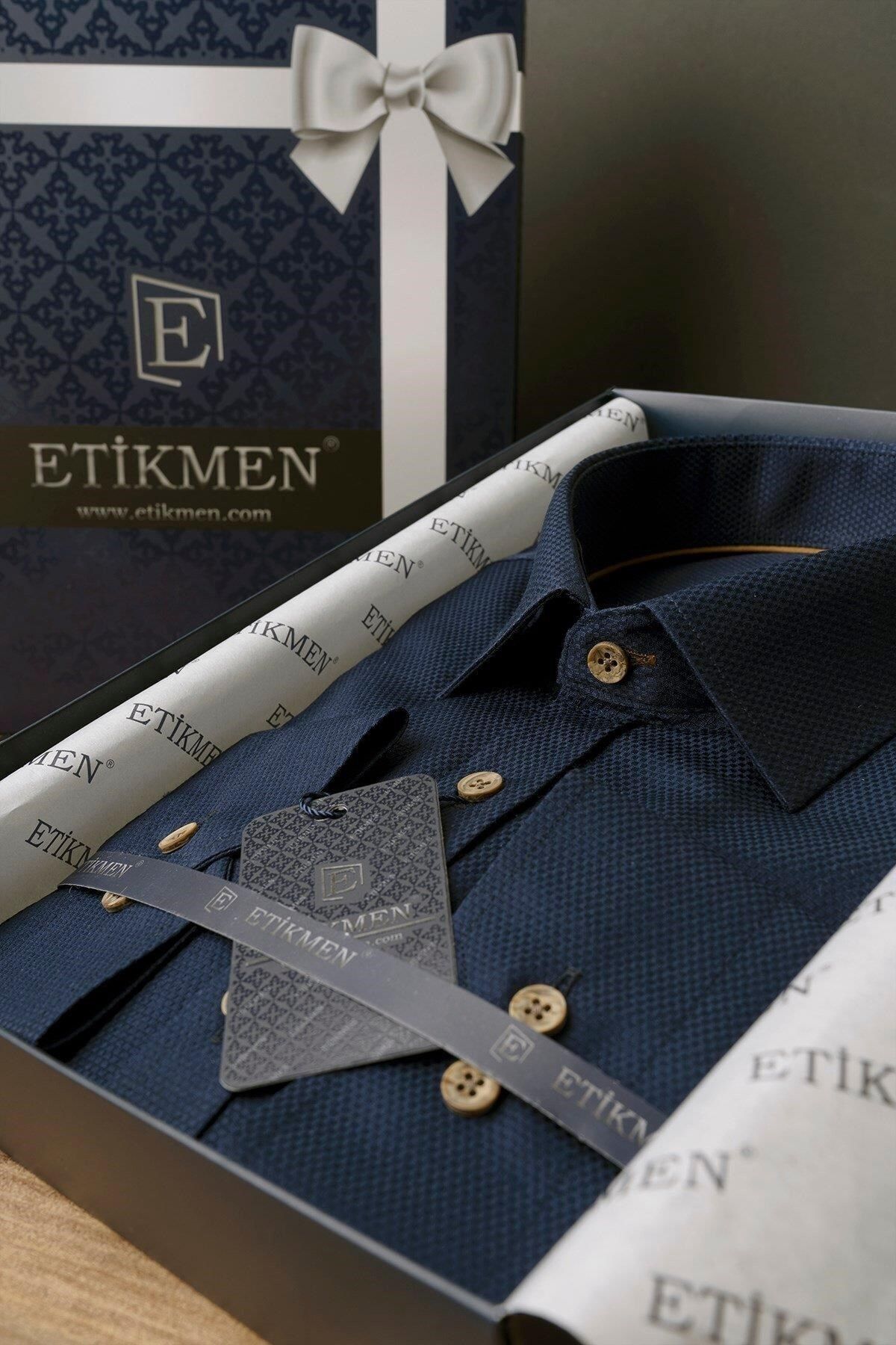 Etikmen Lacivert Kahve Düğmeli Slimfit Hediye Kutulu Erkek Gömlek