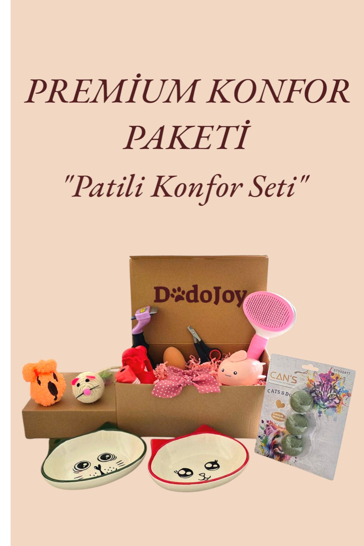 DodoJoy Premium Konfor Seti Mama Kabı Kedi Seti Papyonlu Tasma Seti Kedi Konfor Seti Oyuncak seti