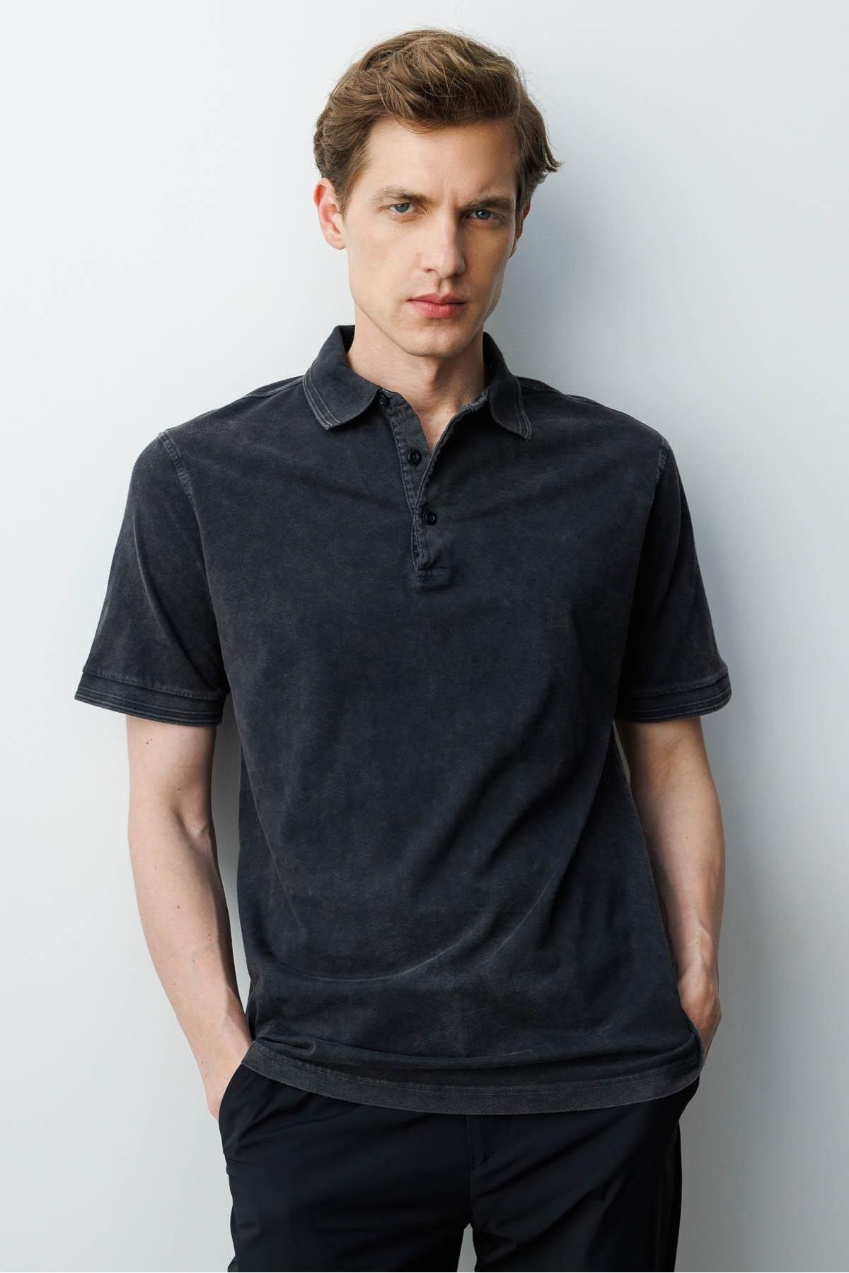 Desen Triko Erkek Polo Yaka T-shirt Siyah