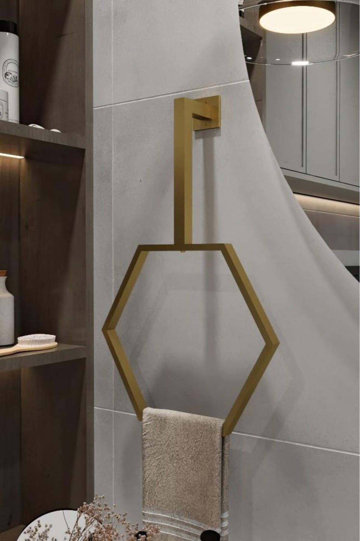 Grandmix Duvar Montajlı Altıgen Havlu Askısı Modern Minimalist Metal Banyo Havlu Halkası Banyo Toparlayıcı