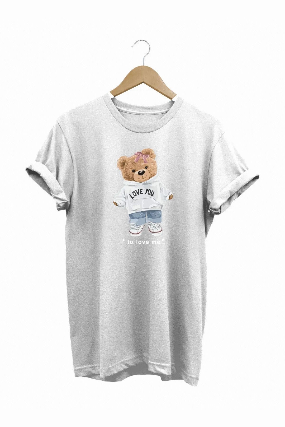 joyyfashion Love You Ayıcık Baskılı T-Shirt