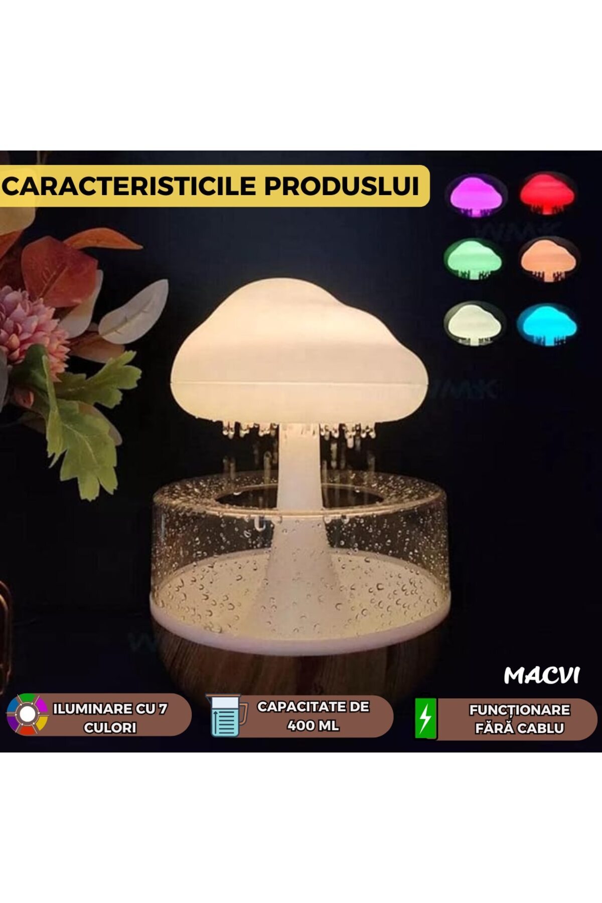 MACVI-Macvi® Rain Cloud Aromatherapy Humidifier and Diffuser, 7 LED Colors, Relaxing Sound, USB, 400 ml 3