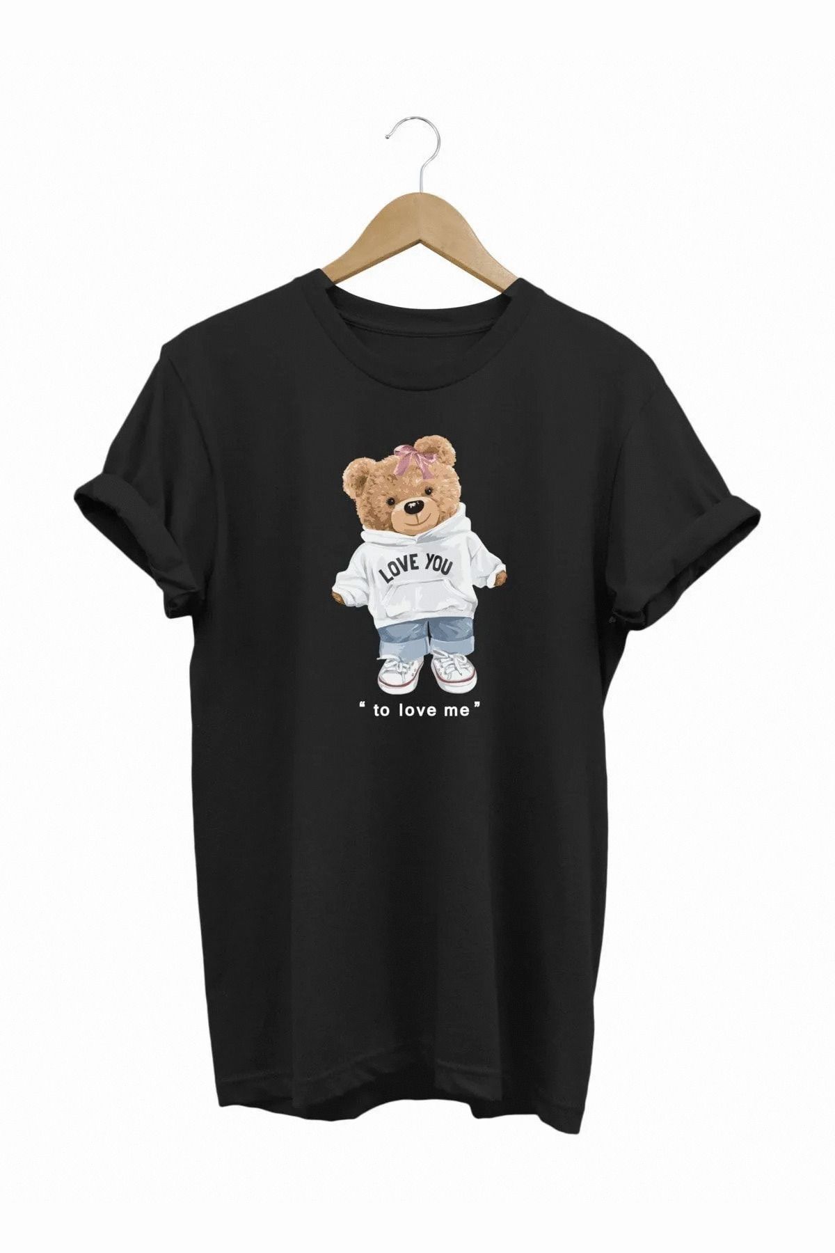 joyyfashion Love You Ayıcık Baskılı T-Shirt